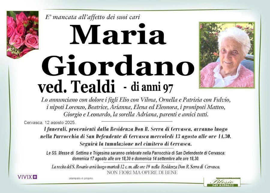 necrologio GIORDANO Maria ved. Tealdi