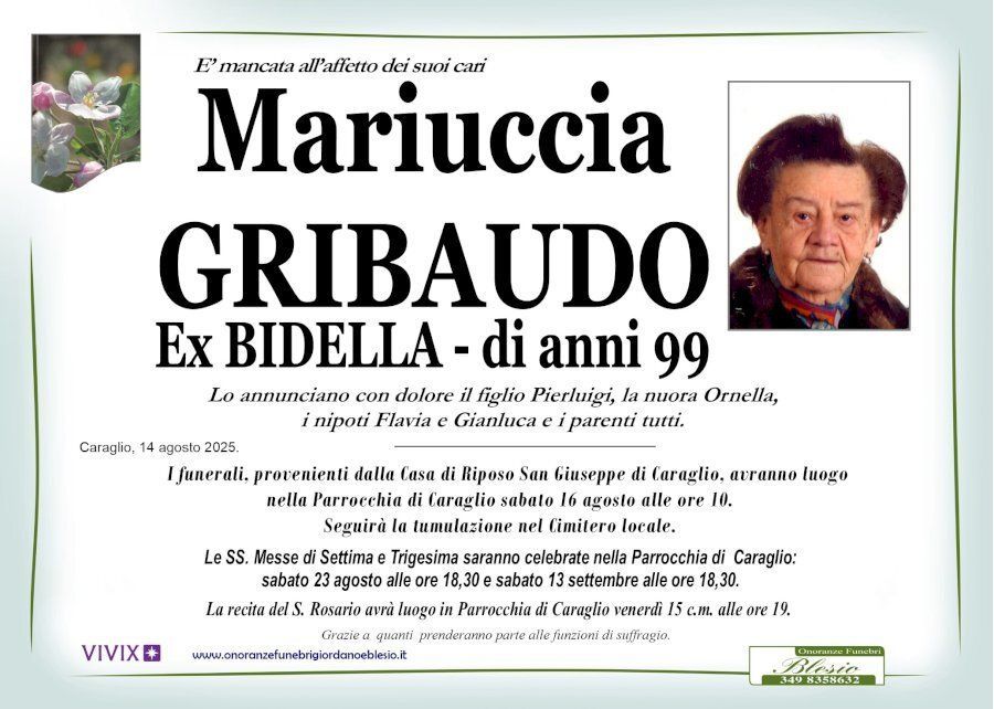 necrologio GRIBAUDO Mariuccia