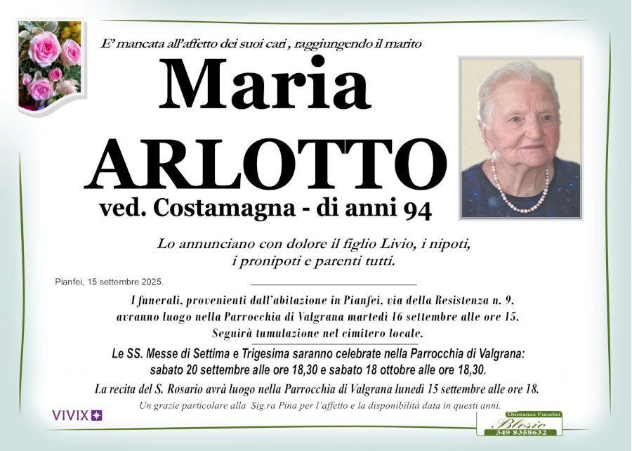 necrologio ARLOTTO Maria ved. Costamagna