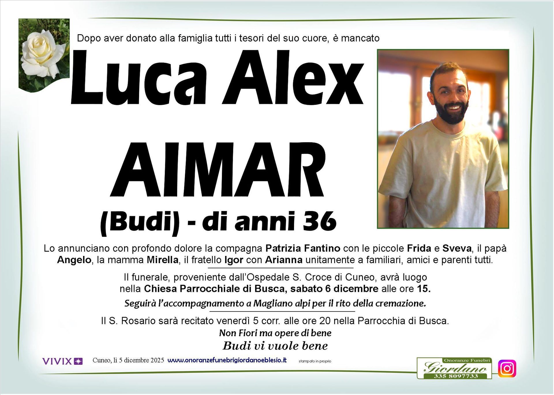 necrologio AIMAR Luca Alex