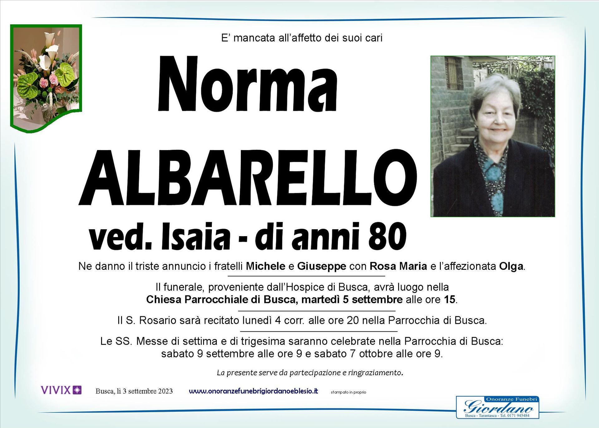 necrologio ALBARELLO Norma ved. Isaia