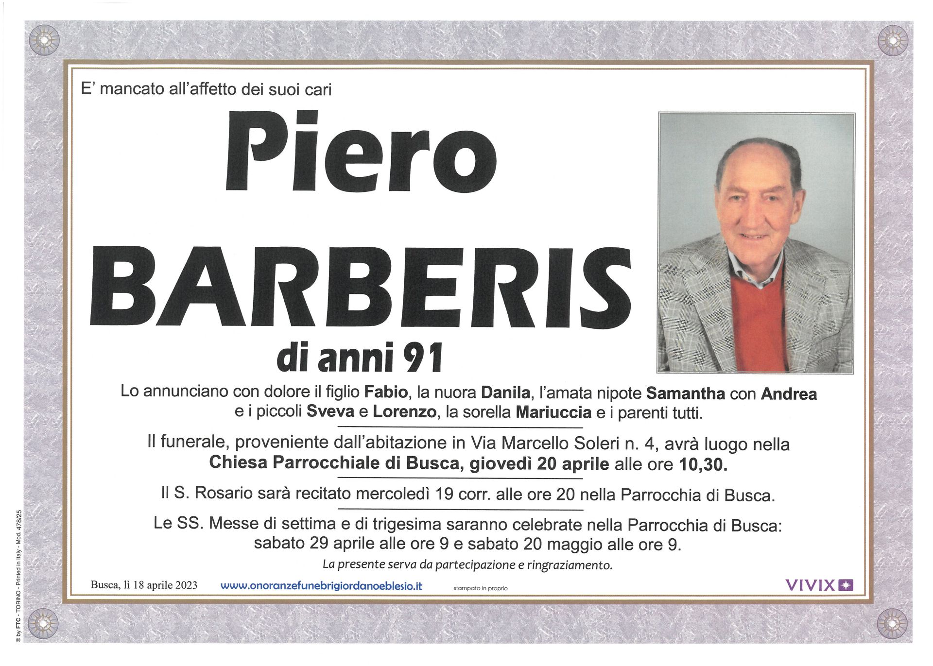 necrologio BARBERIS Piero