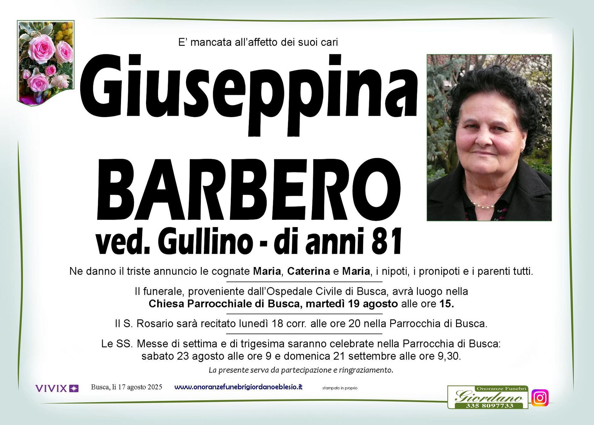 necrologio BARBERO Giusppina ved. Gullno