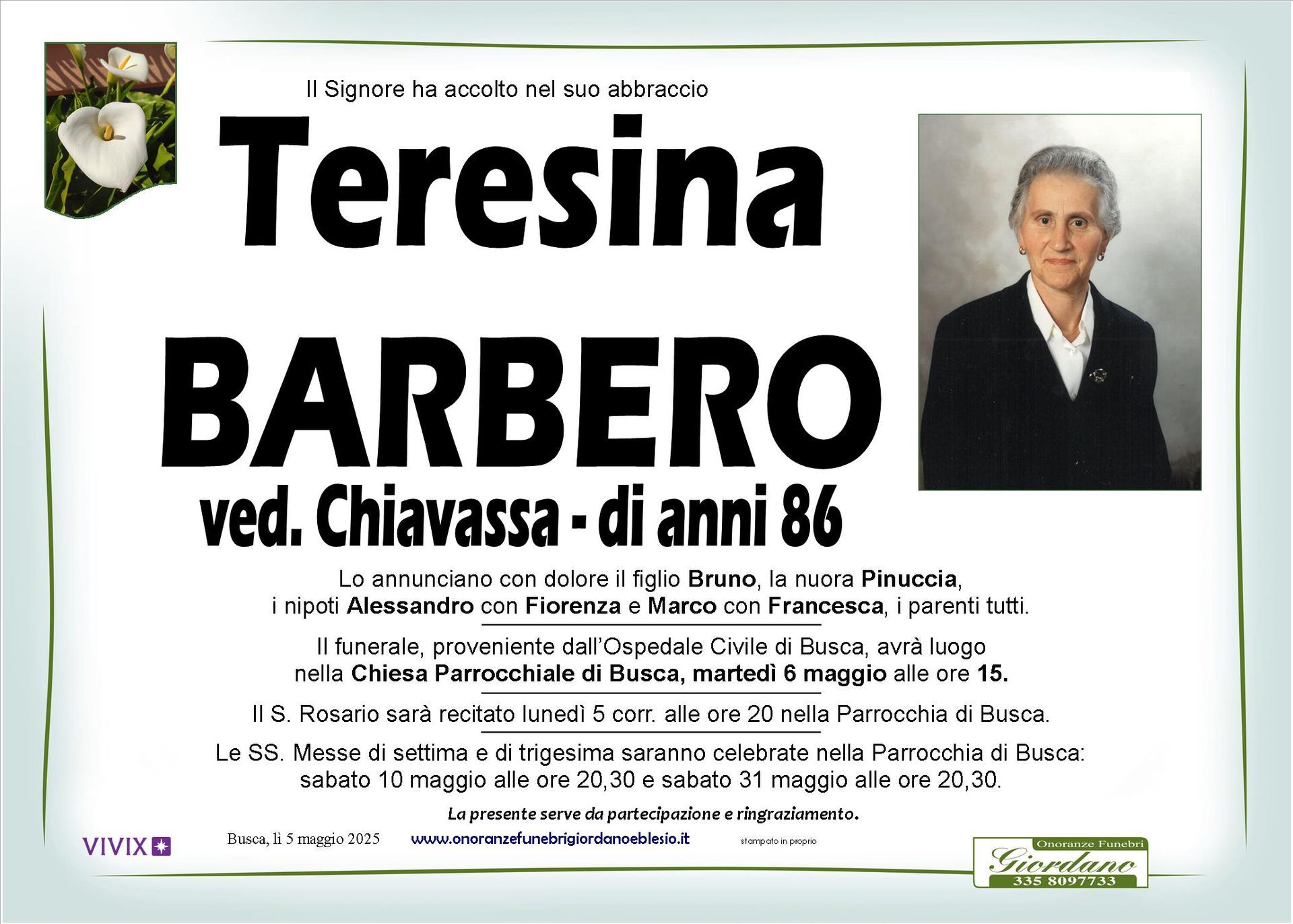 necrologio BARBERO Teresina ved. Chiavassa