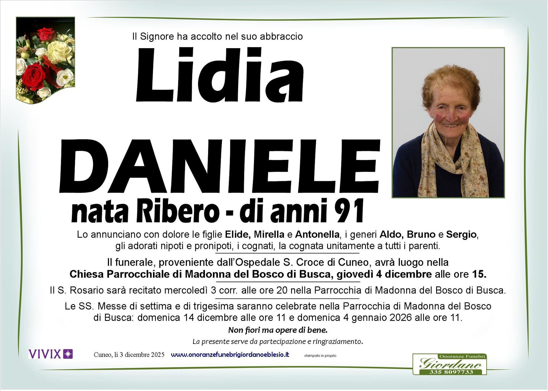 necrologio DANIELE Lidia nata Ribero