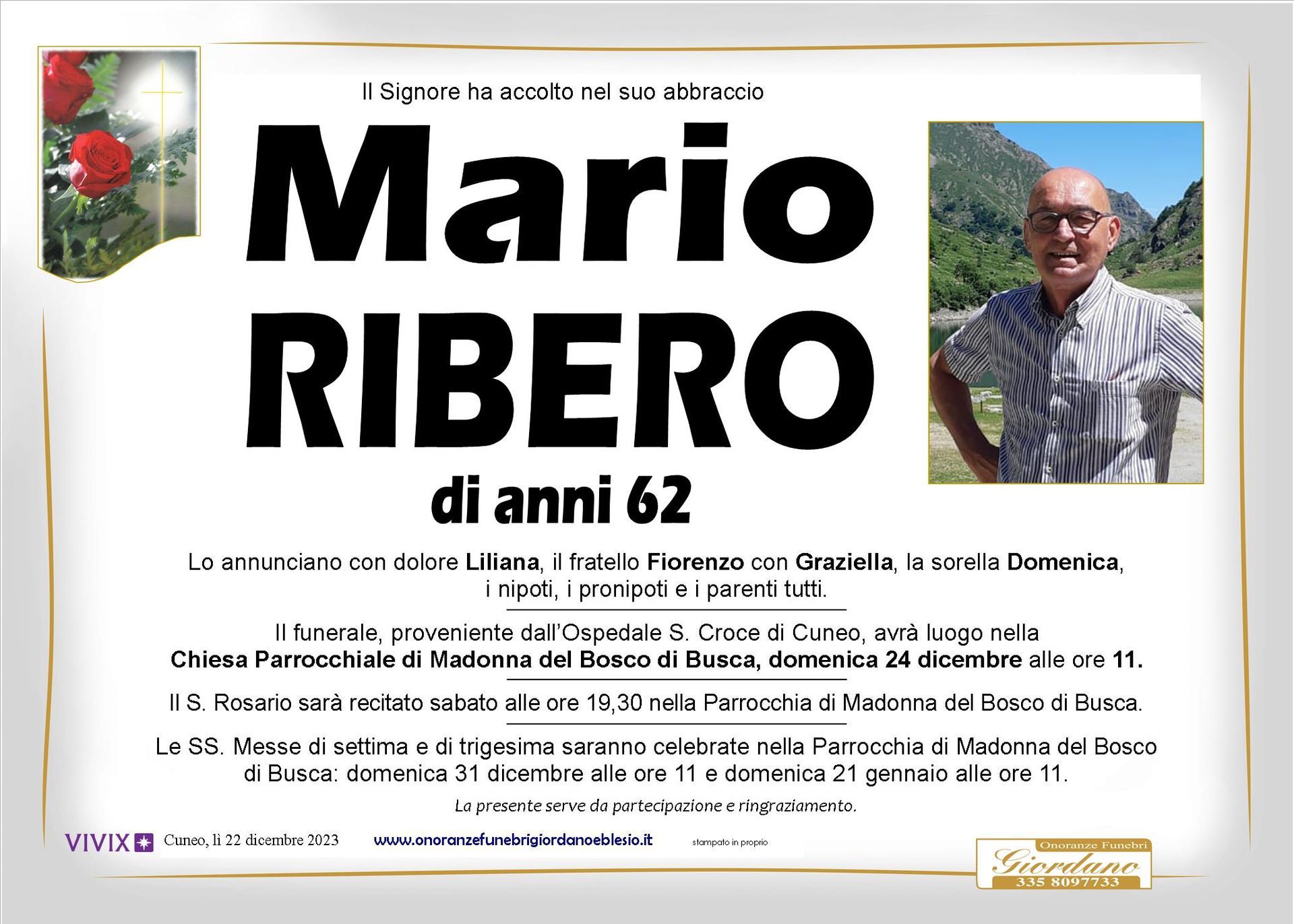 necrologio RIBERO Mario