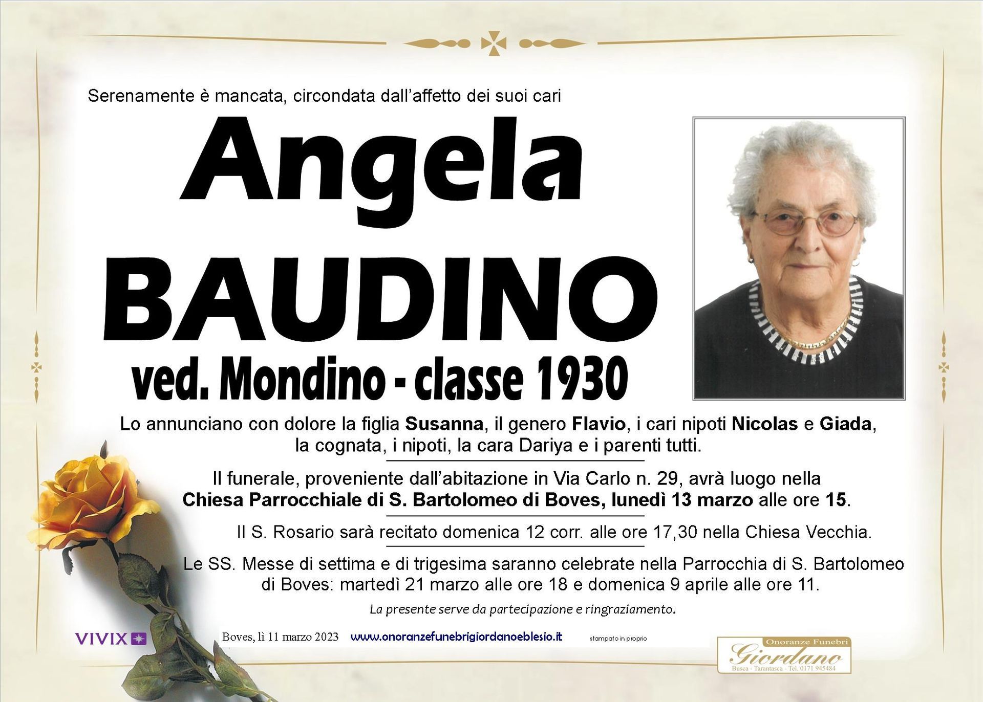 necrologio BAUDINO Angela ved. Mondino