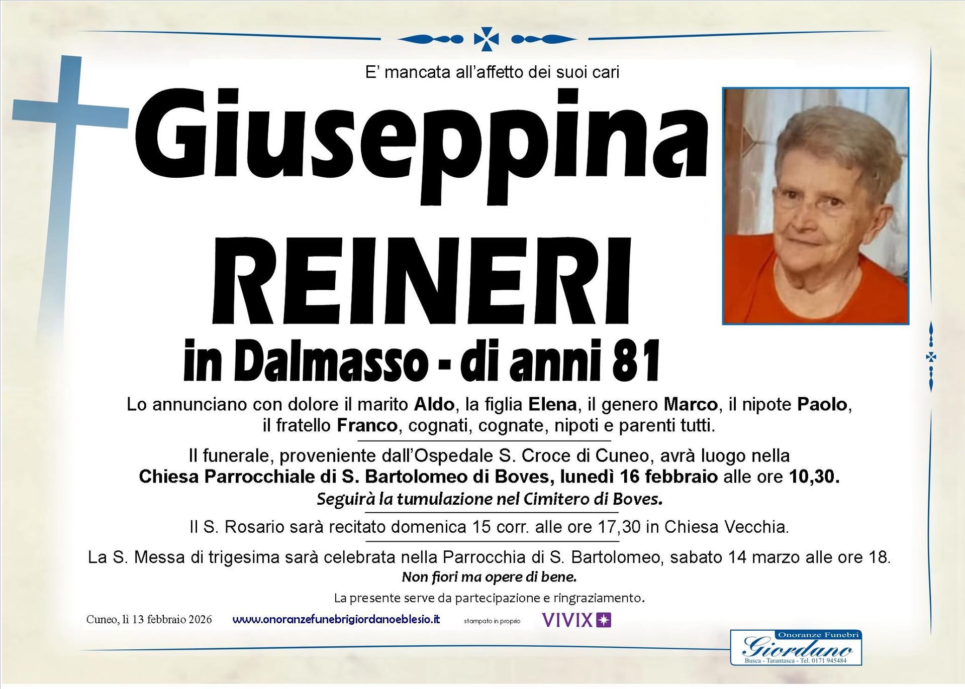 necrologio REINERI Giuseppina in Dalmasso
