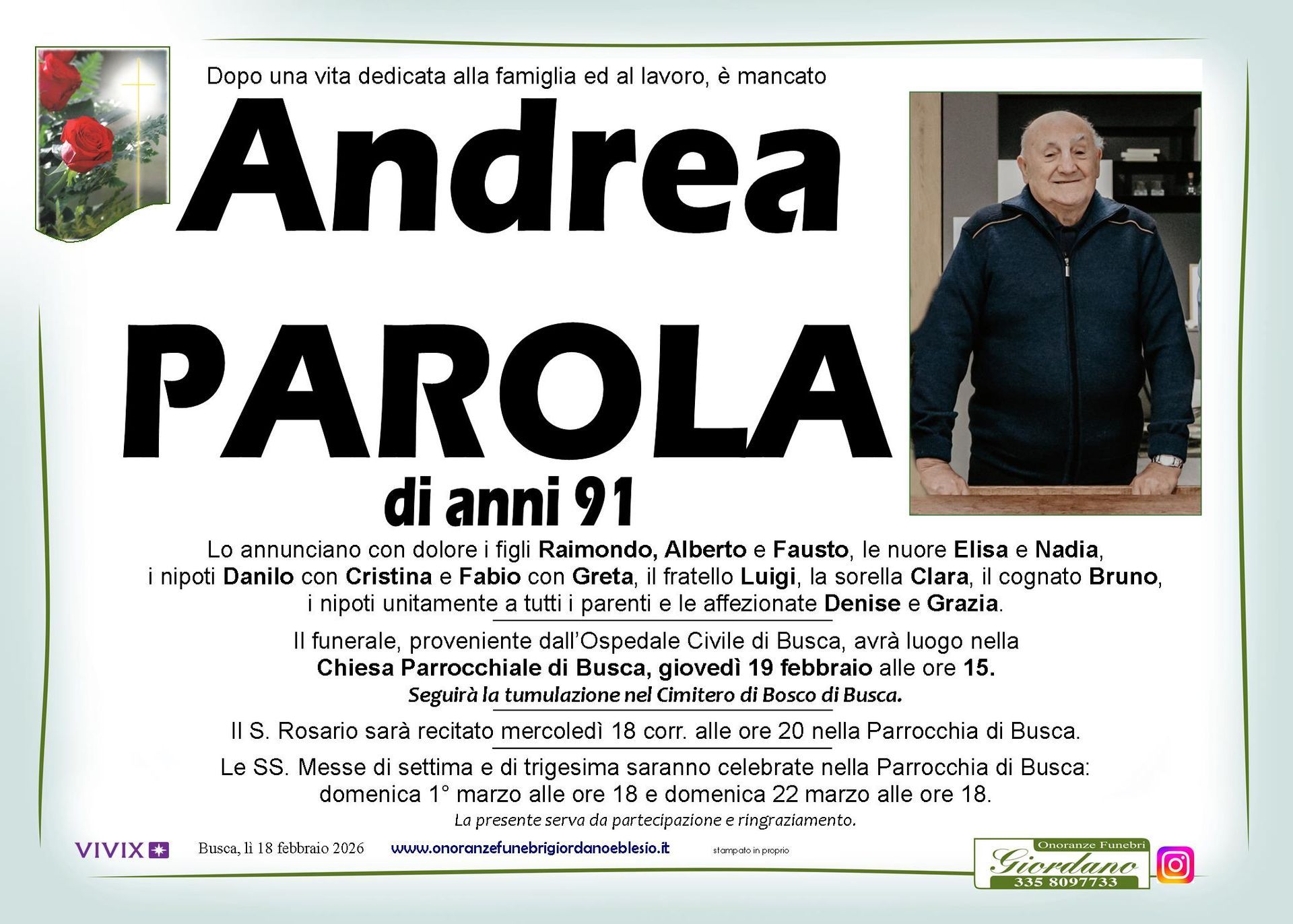 necrologio PAROLA Andrea