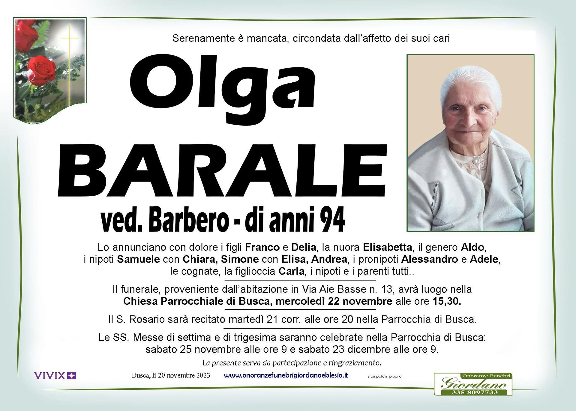 necrologio  BARALE Olga ved. Barbero
