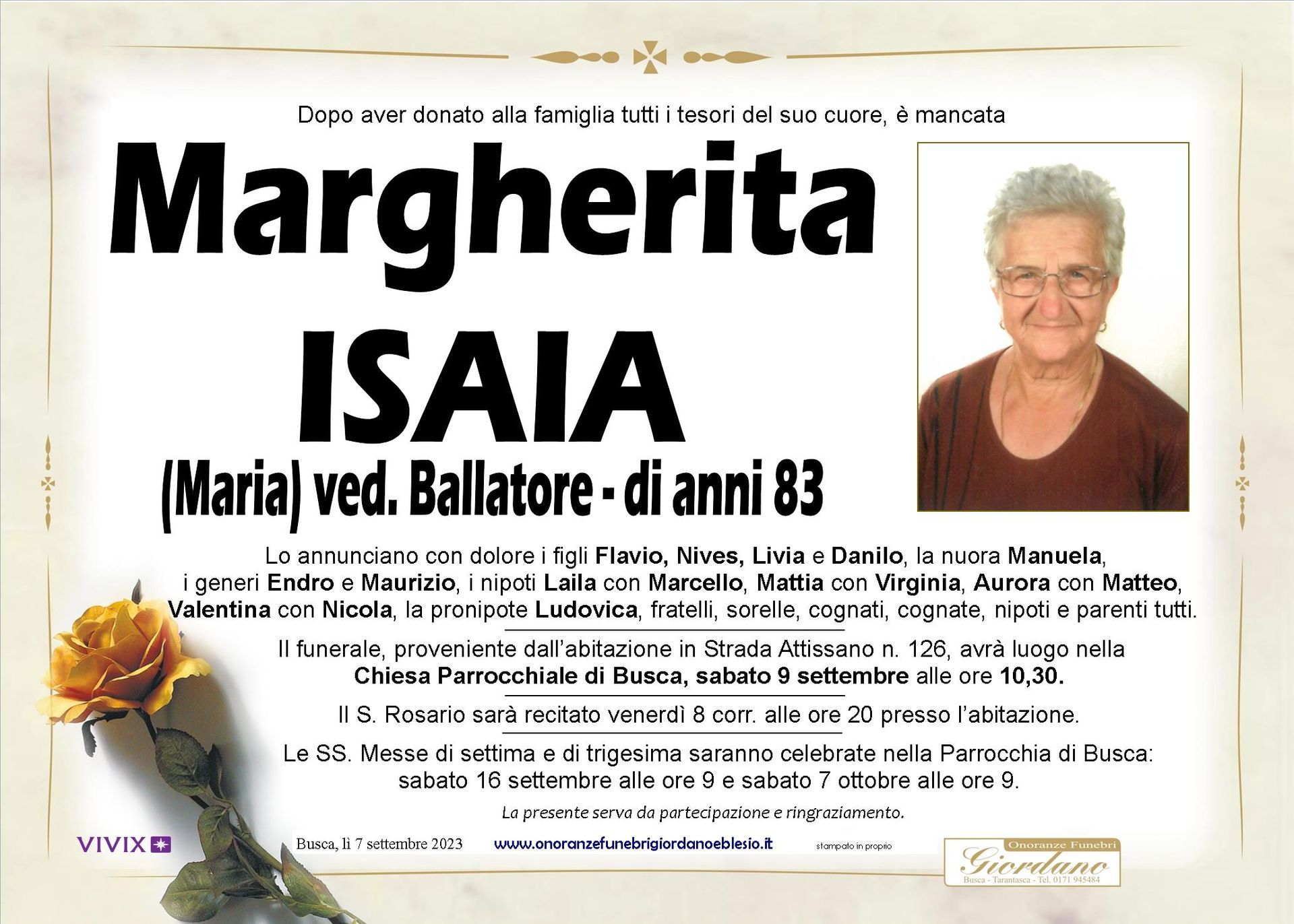 necrologio ISAIA Margherita ved. Ballatore