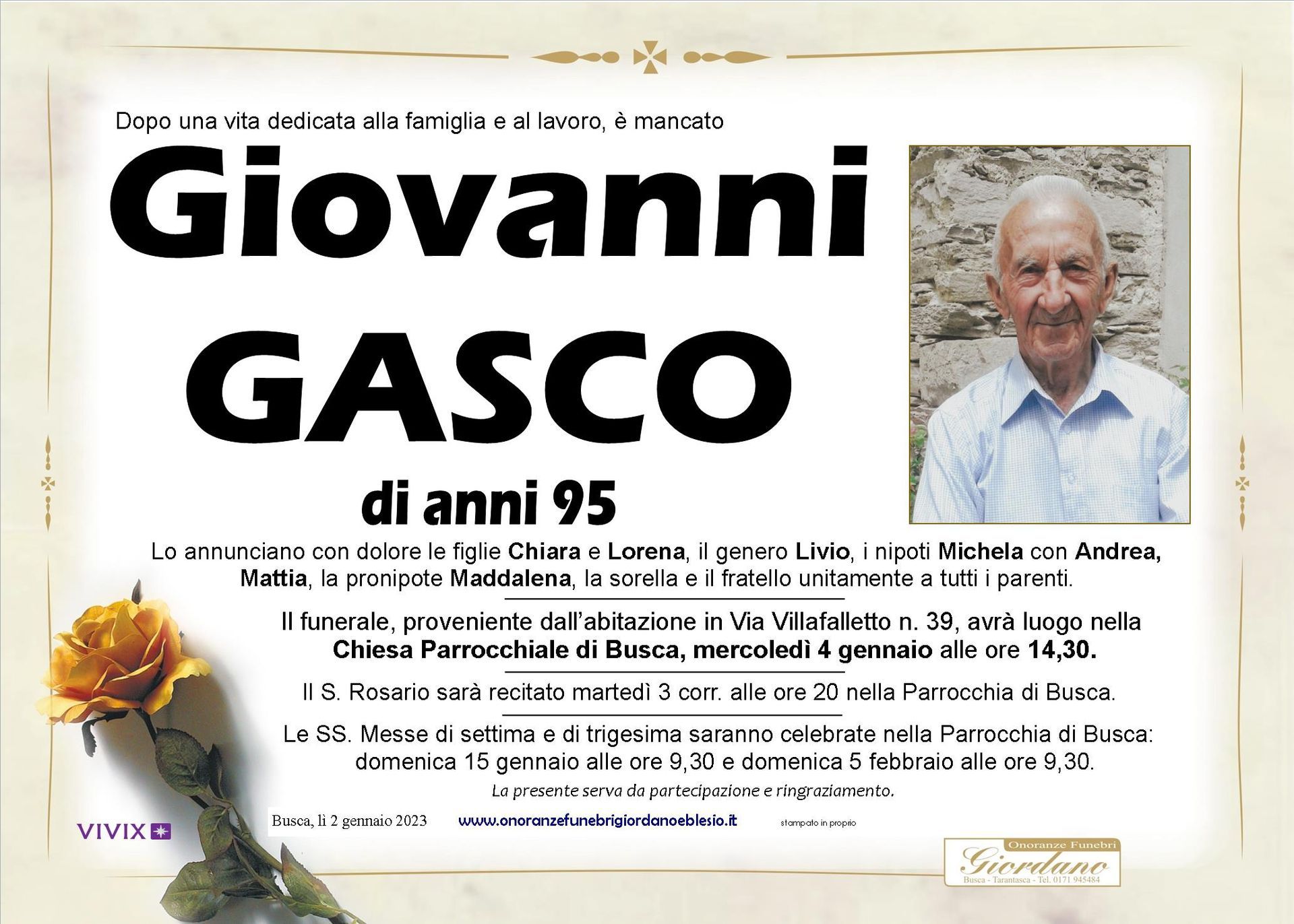 necrologio GASCO Giovanni