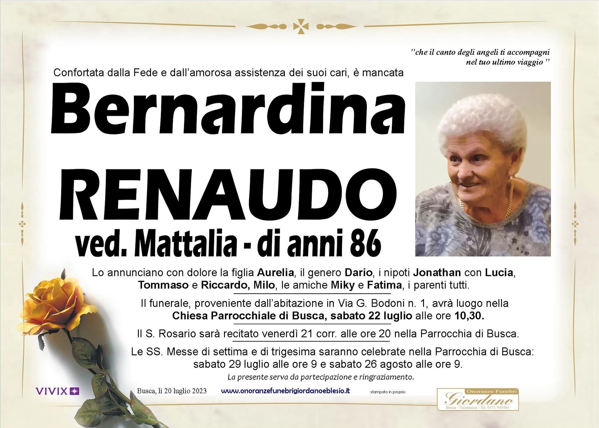 necrologio RENAUDO Bernardina ved. Mattalia