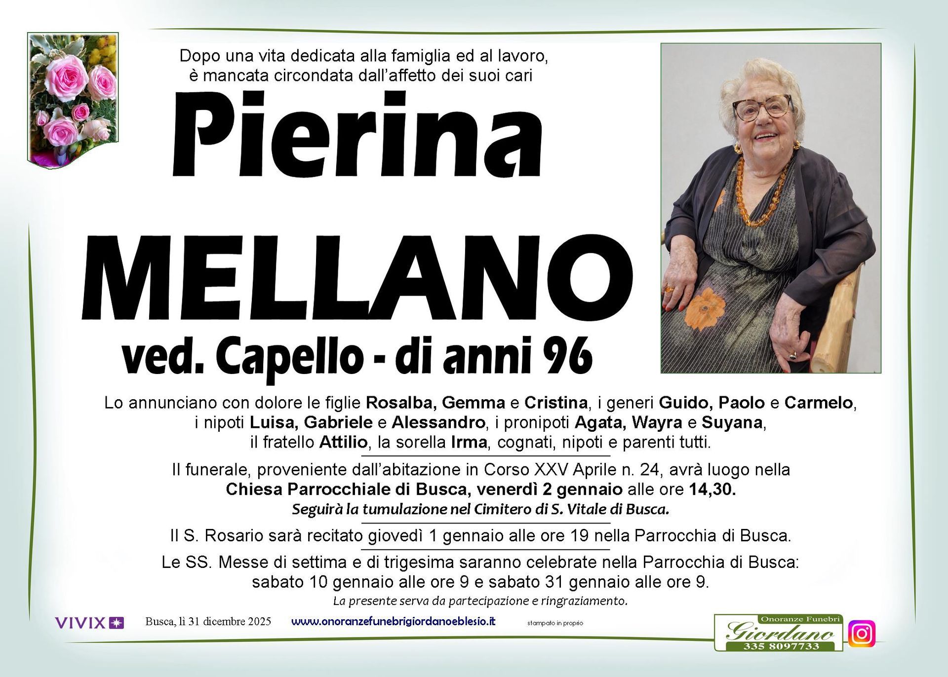 necrologio MELLANO Pierina ved. Capello