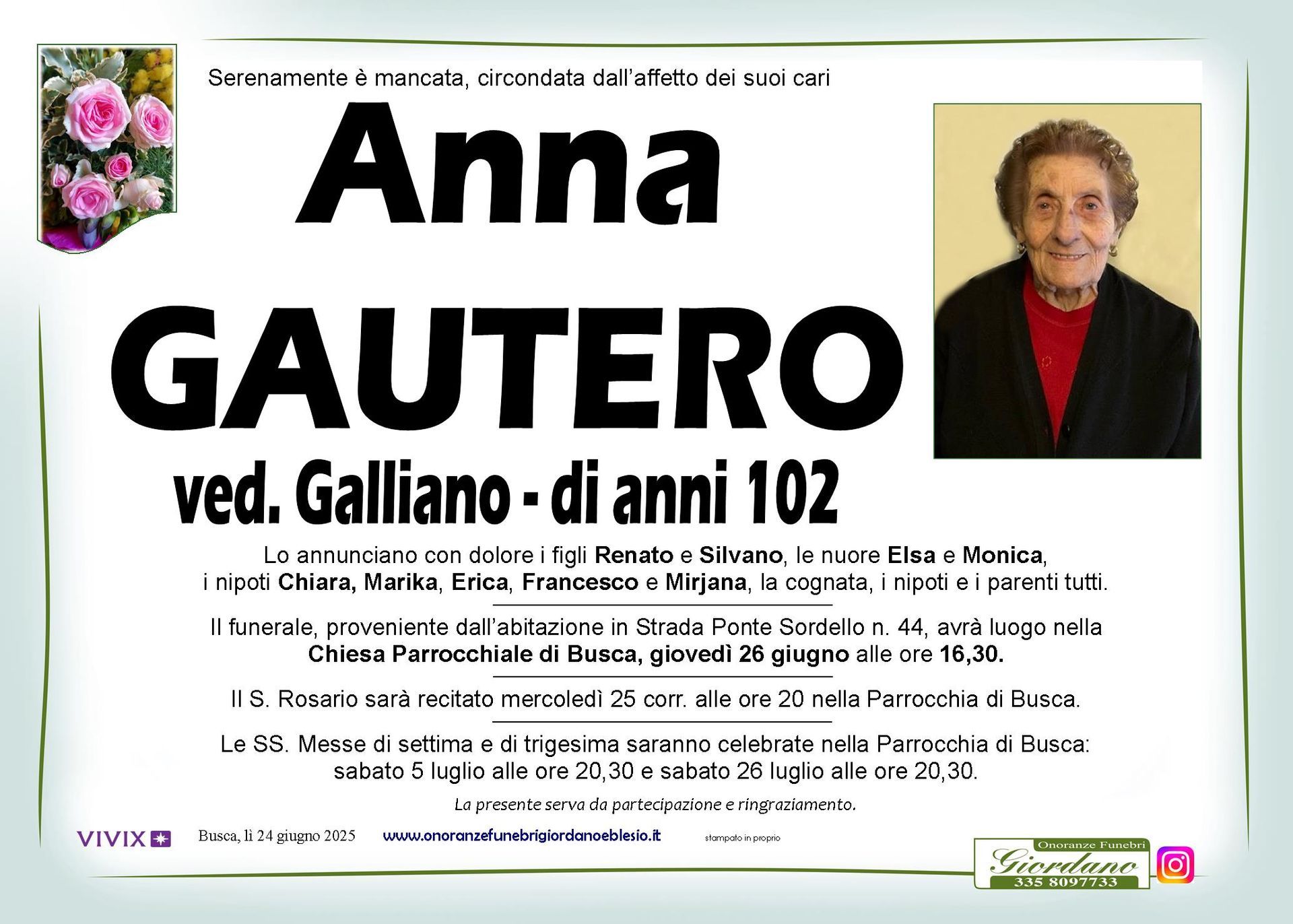 necrologio GAUTERO Anna ved. Galliano