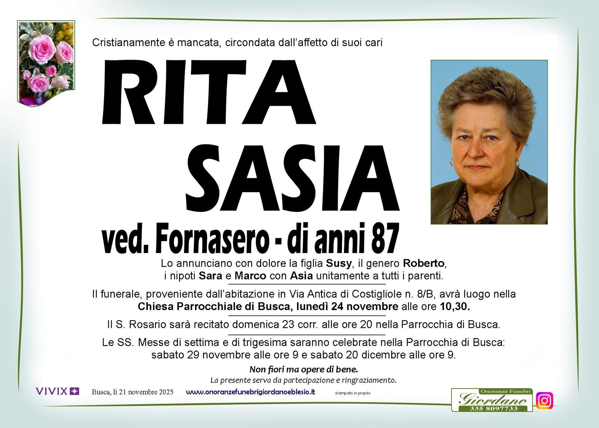 necrologio SASIA Rita ved. Fornasero