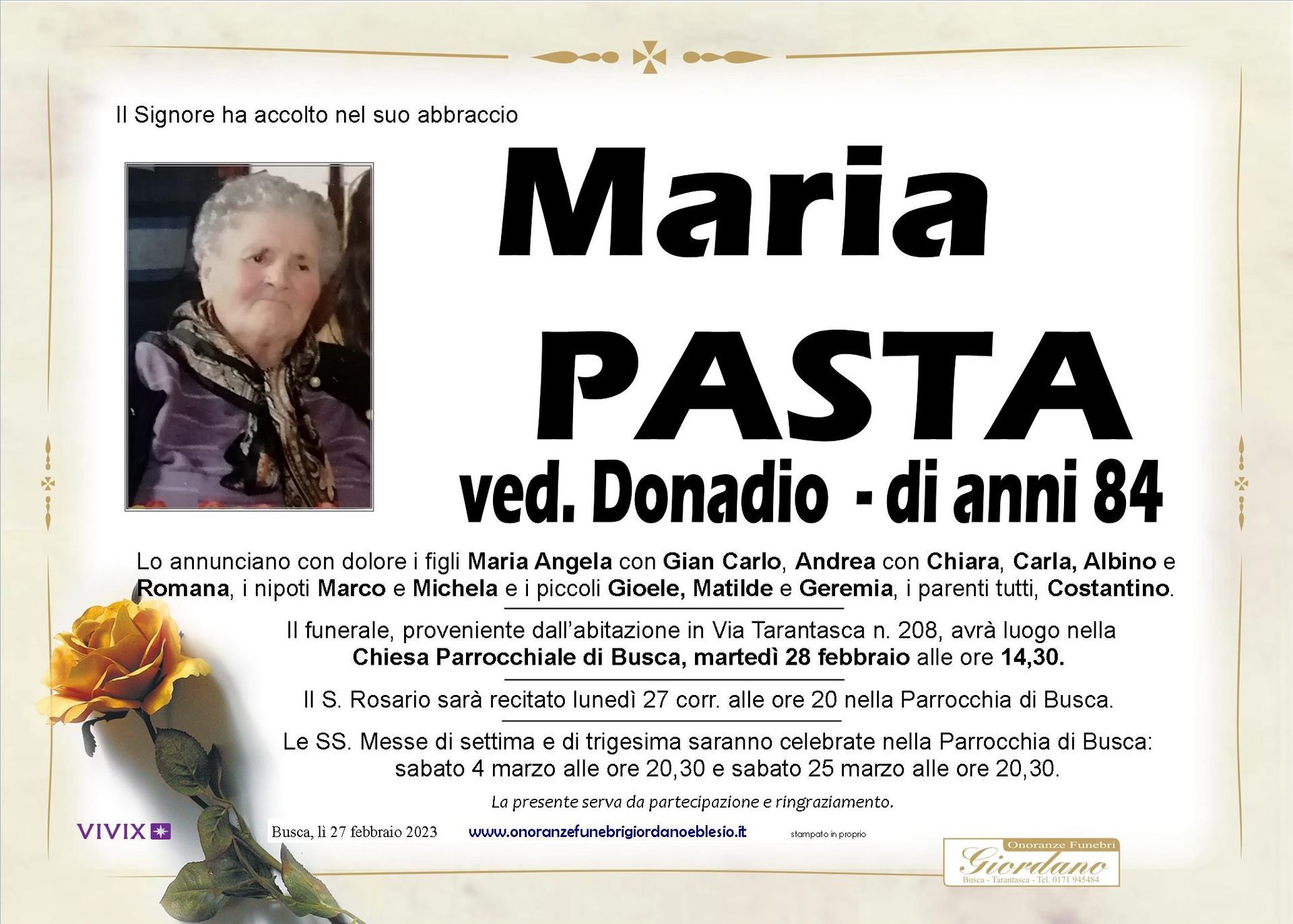 necrologio PASTA Maria ved. Donadio