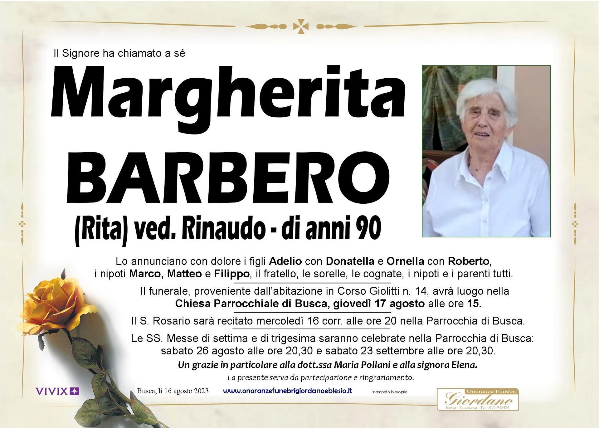 necrologio BARBERO Margherita ved. Rinaudo