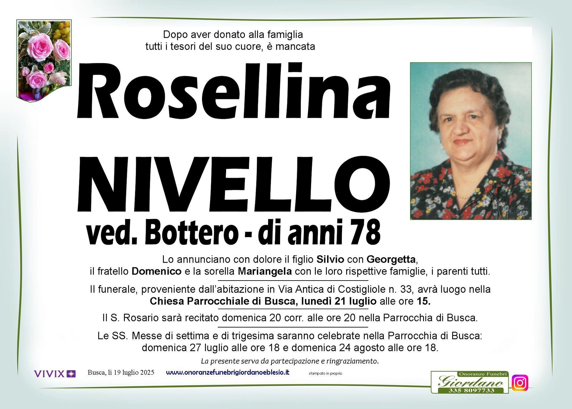 necrologio NIVELLO Rosellina ved. Bottero