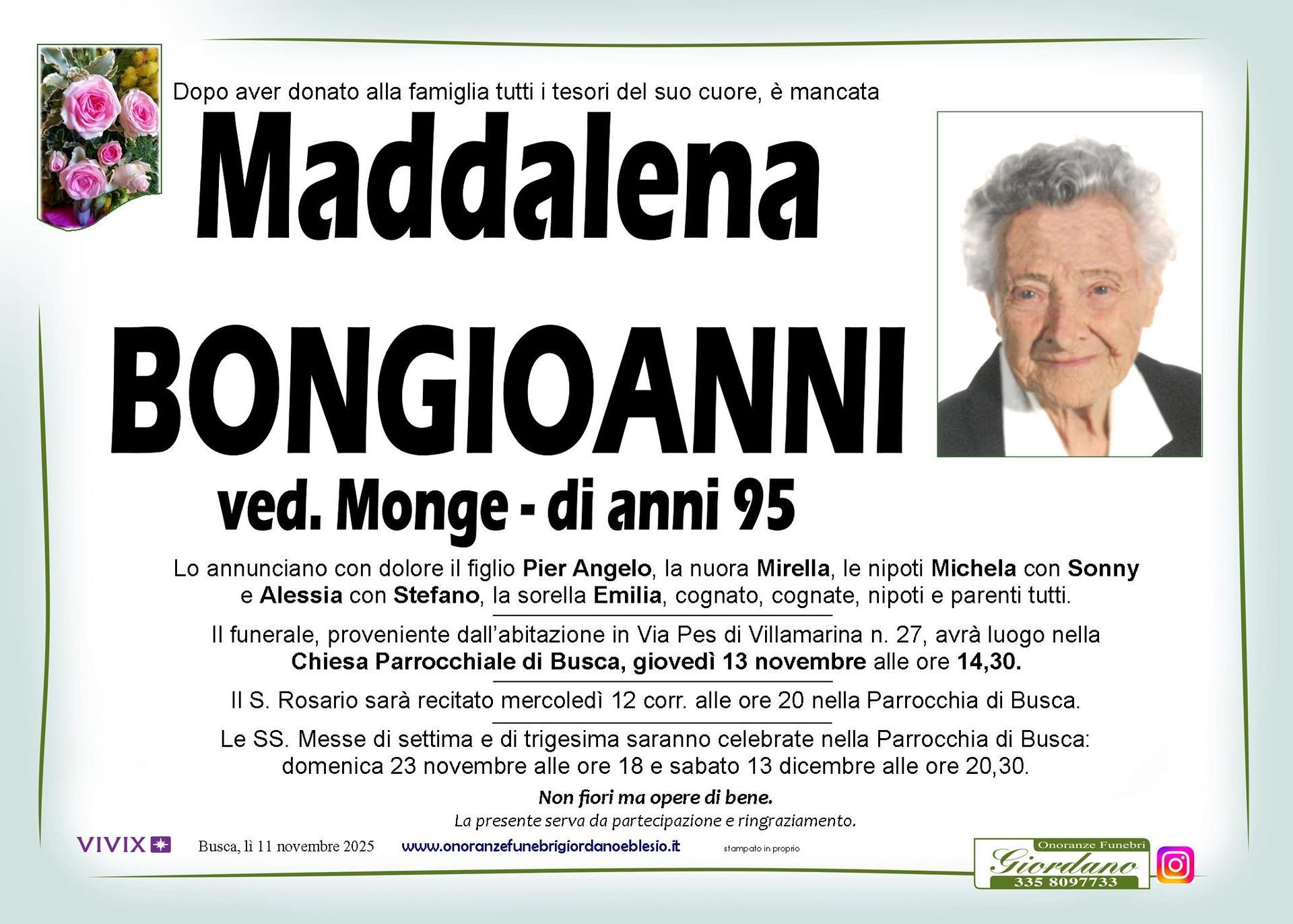 necrologio BONGIOANNI Maddalena ved. Monge