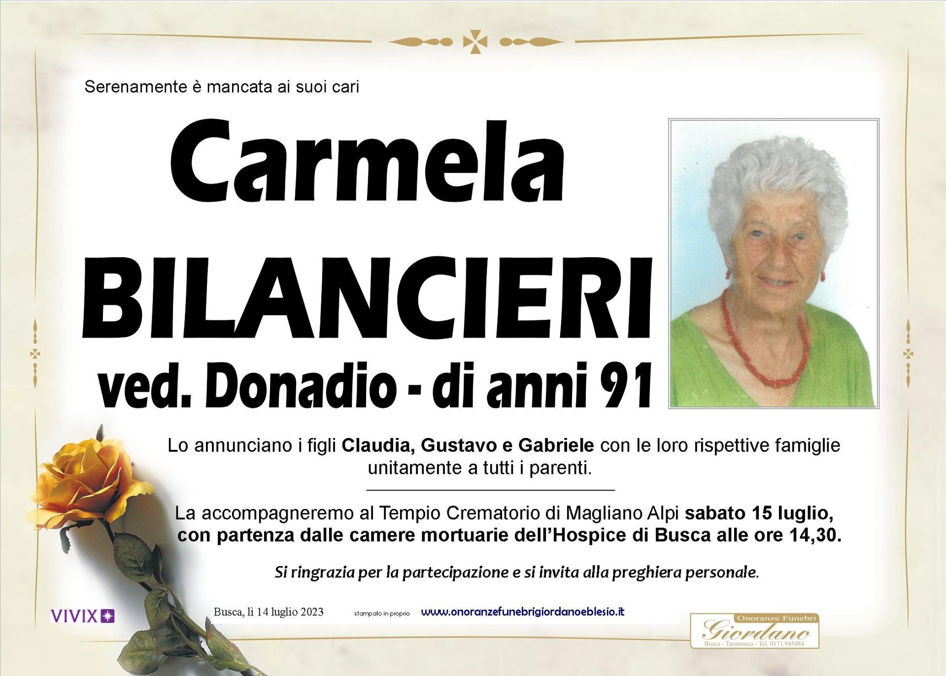 necrologio BILANCIERI Carmela ved. Donadio