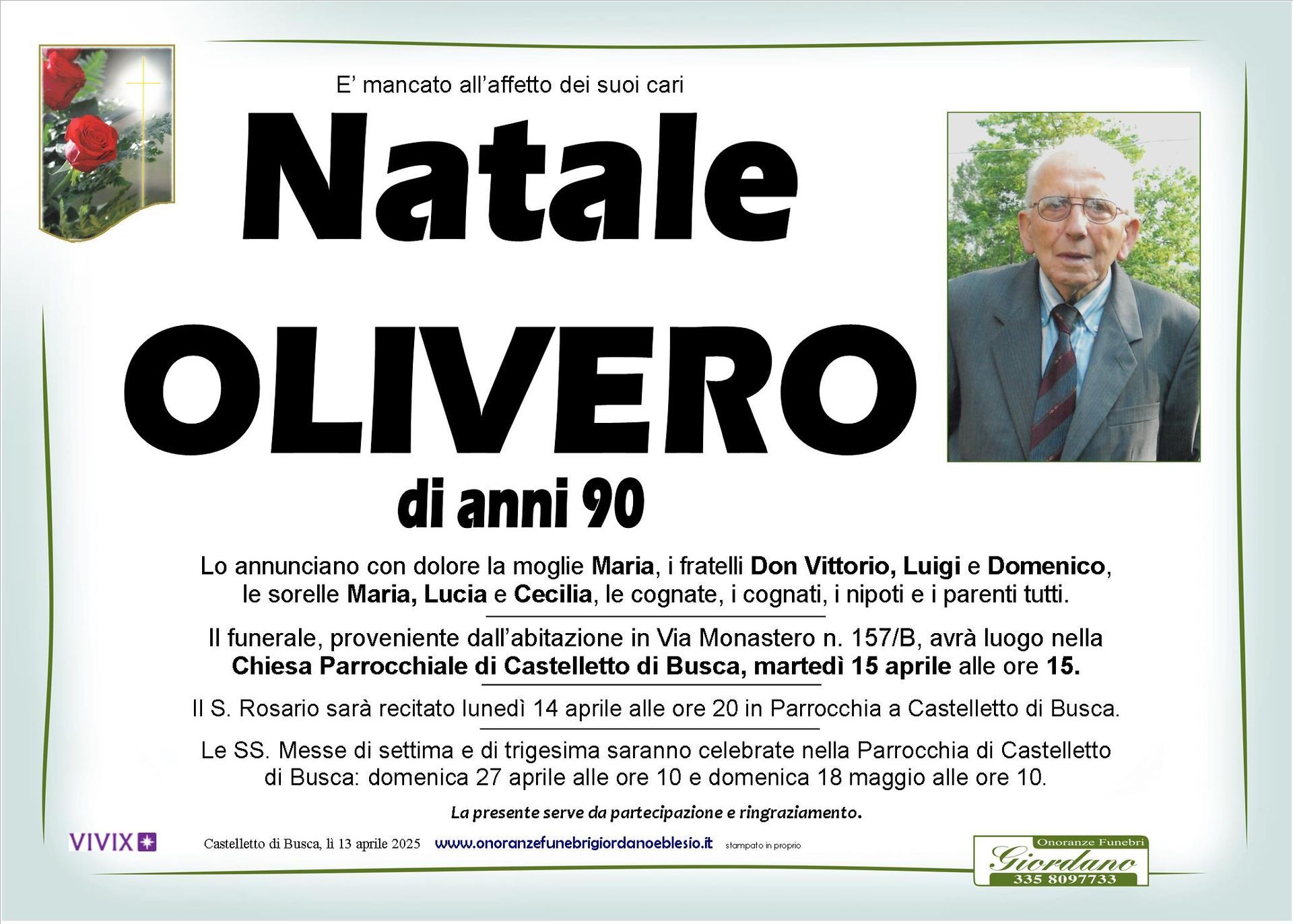 necrologio OLIVERO Natale