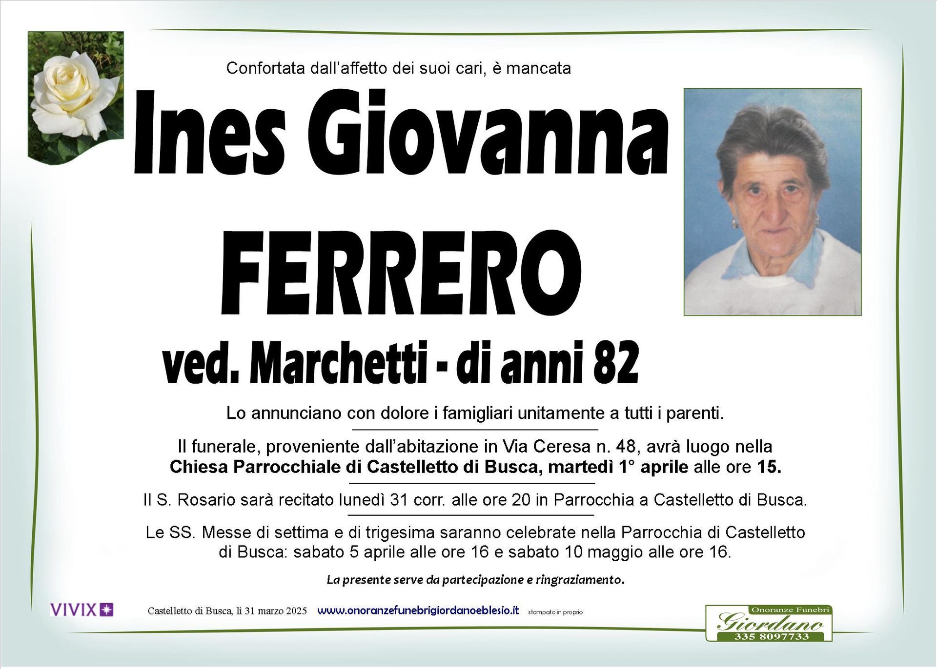 necrologio FERRERO Ines Giovanna ved. Marchetti