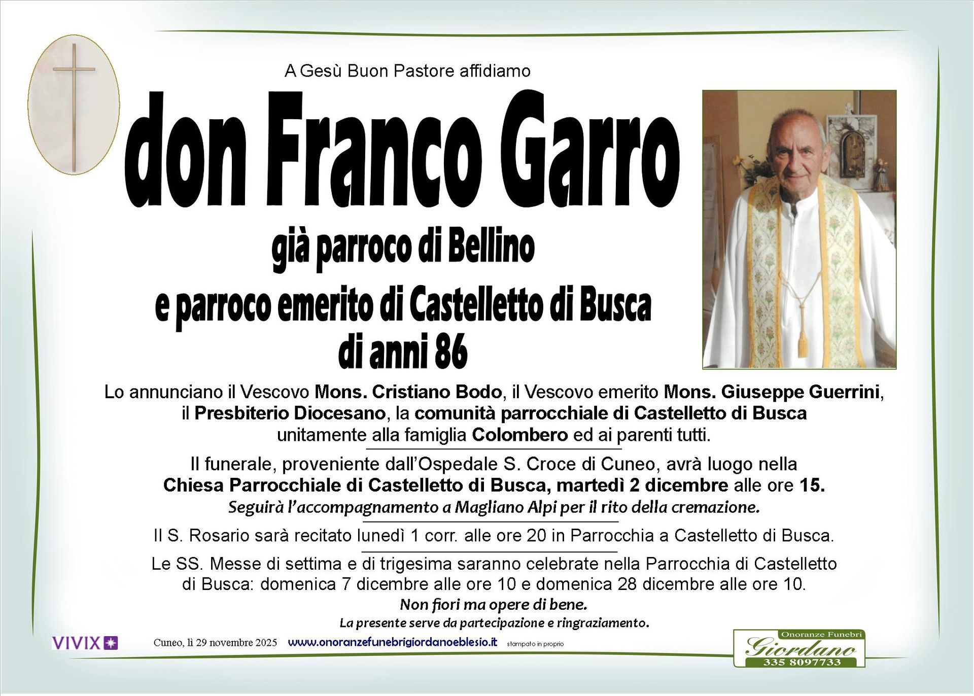 necrologio GARRO Don Franco