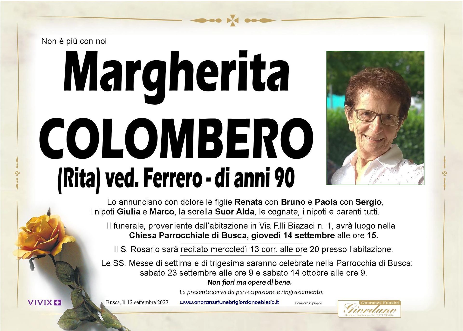 necrologio COLOMBERO Margherita ved. Ferrero