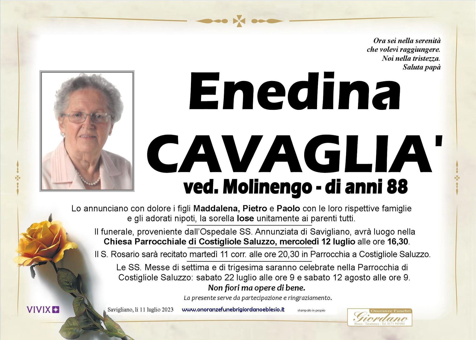 necrologio CAVAGLIA' Enedina ved. Molinengo