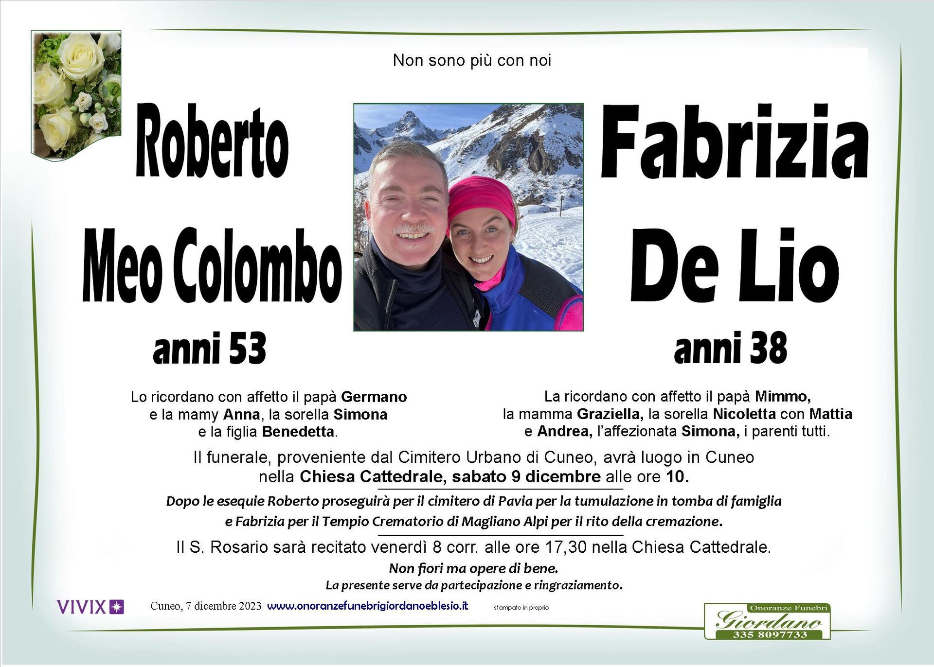necrologio MEO COLOMBO Roberto e DE LIO Fabrizia