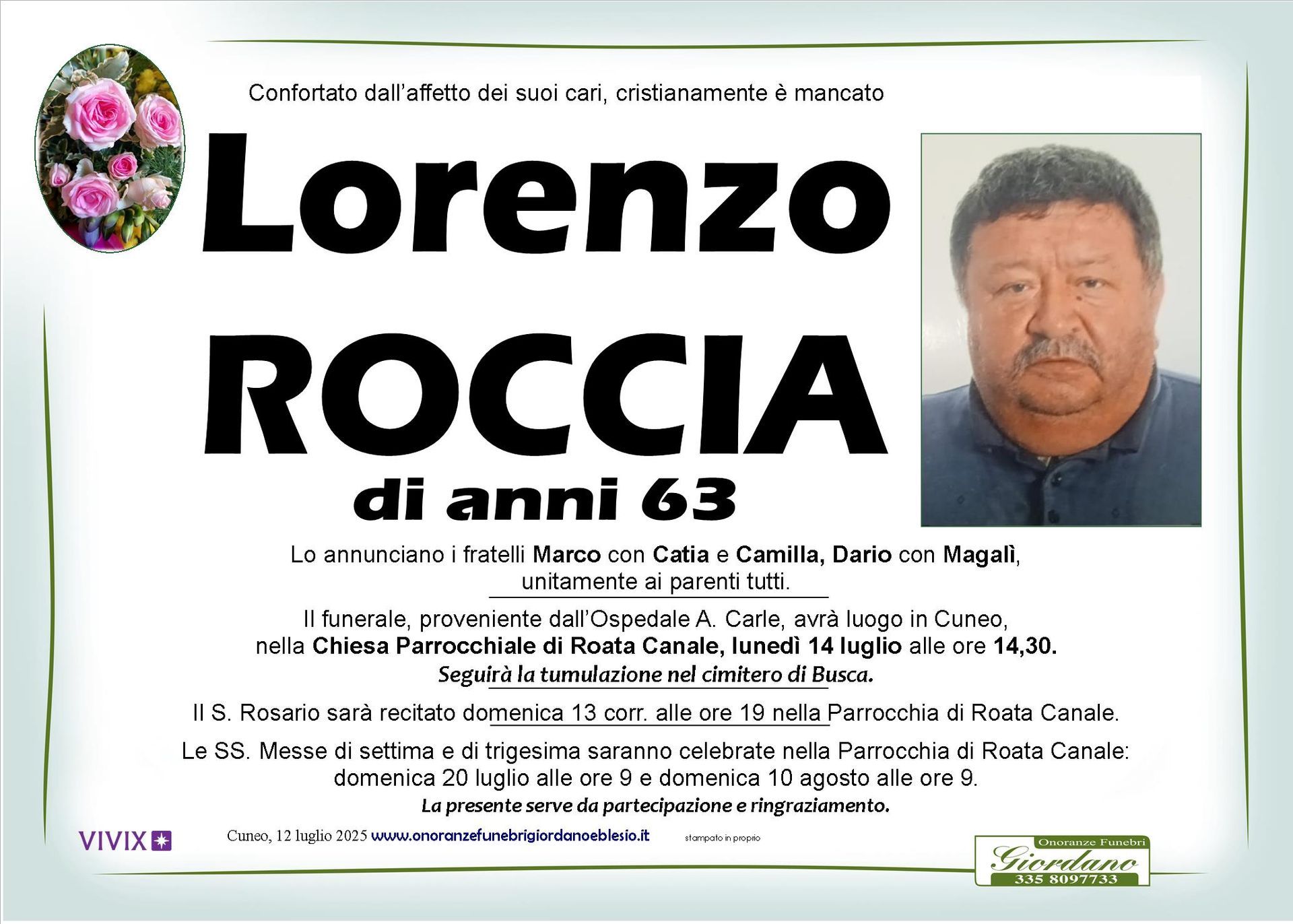 necrologio ROCCIA LORENZO