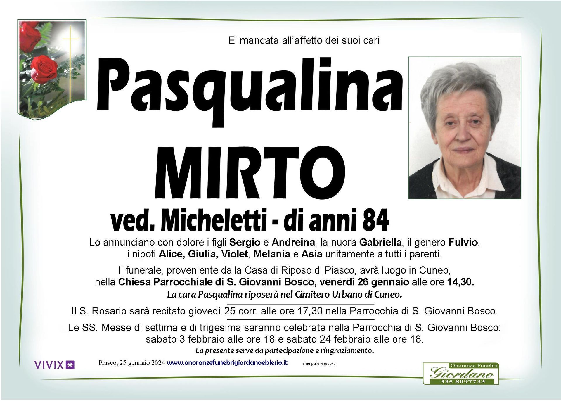 necrologio MIRTO Pasqualina ved. Micheletti