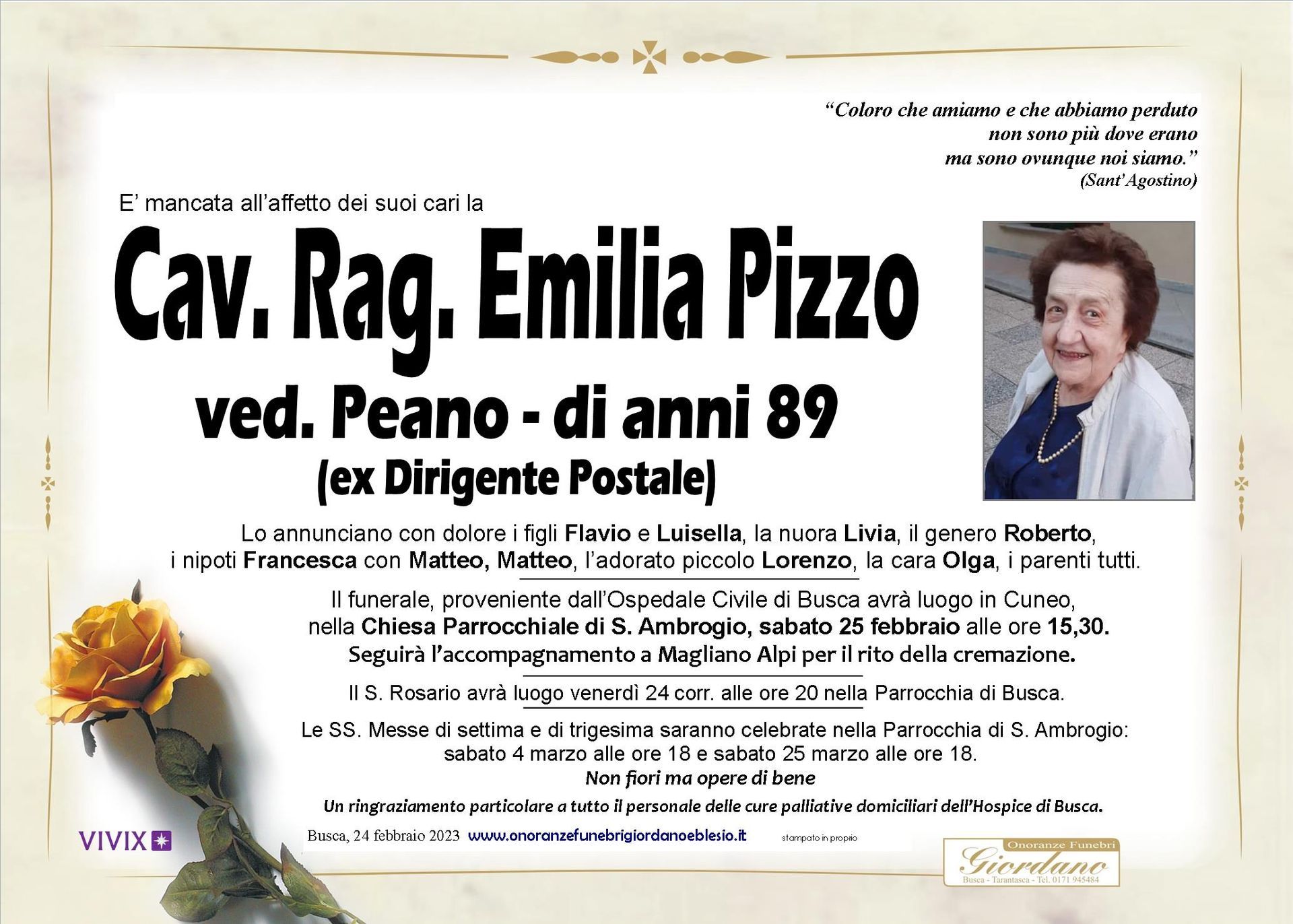 necrologio PIZZO EMILIA ved. Peano
