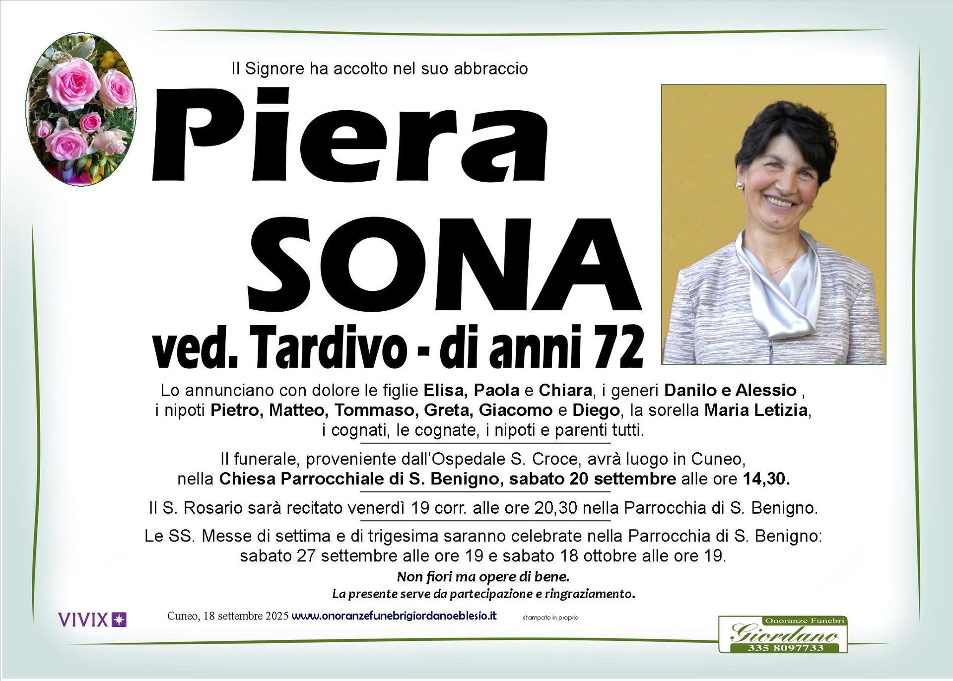 necrologio SONA Piera ved. Tardivo