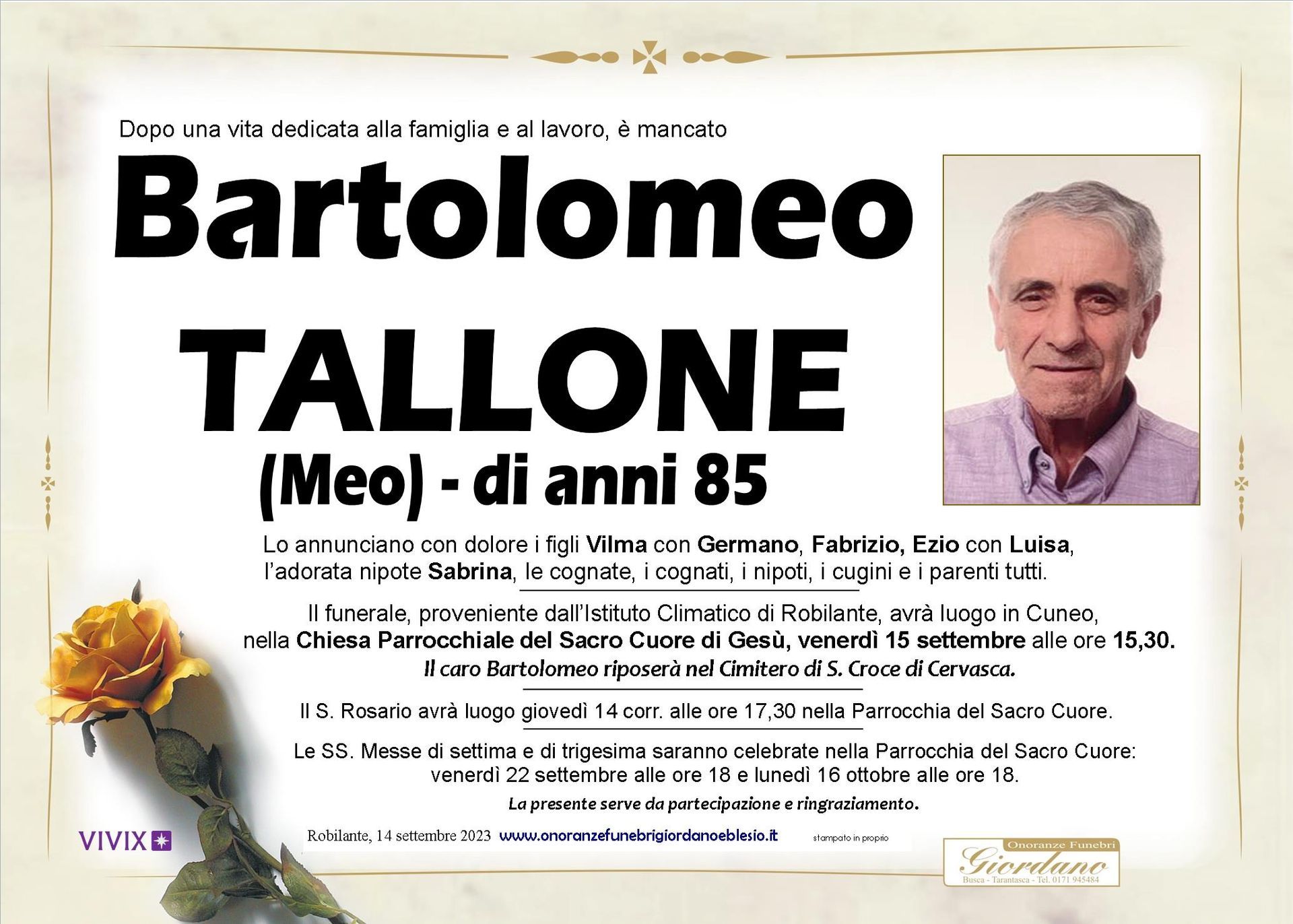 necrologio TALLONE Bartolomeo