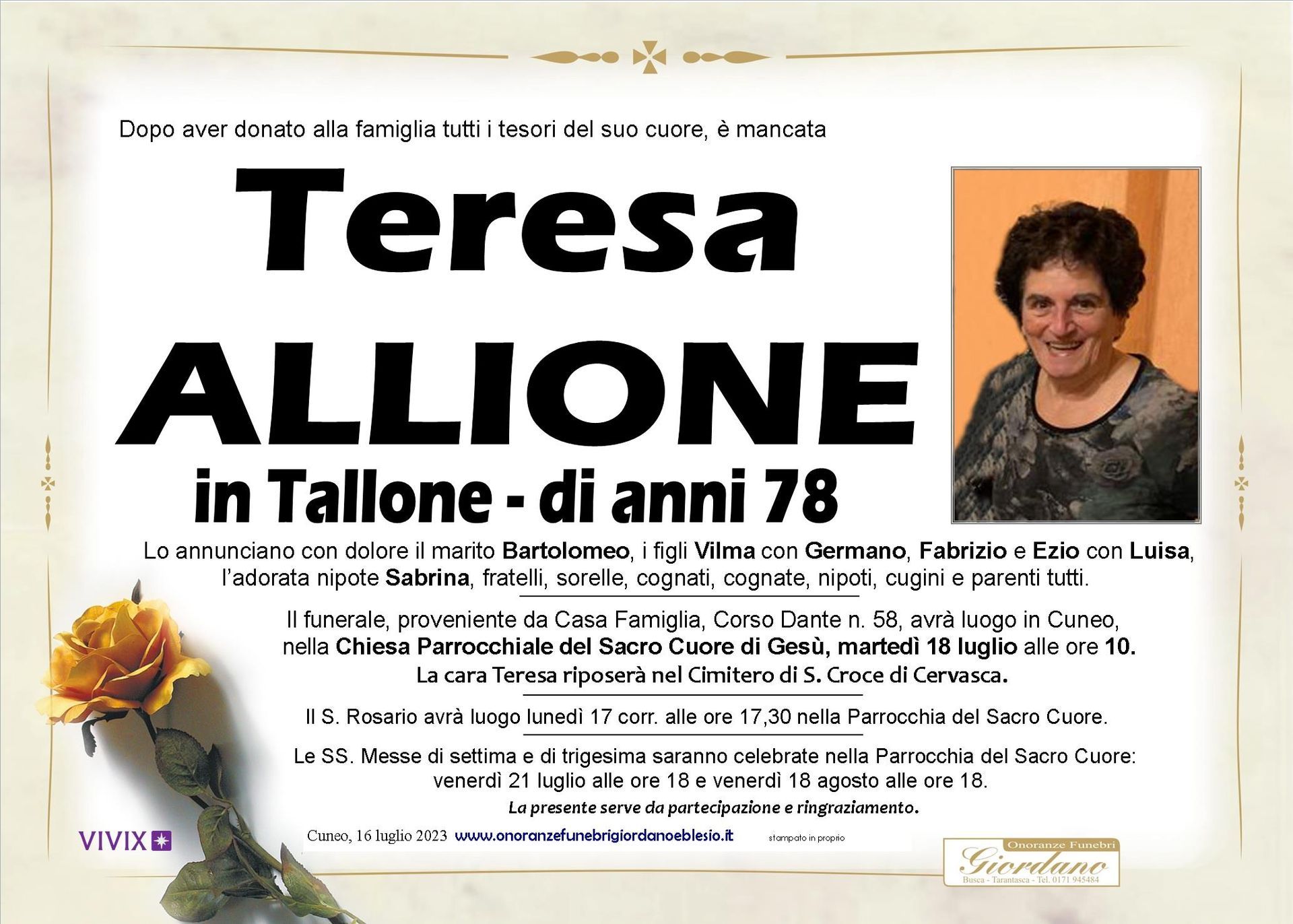 necrologio ALLIONE Teresa in Tallone