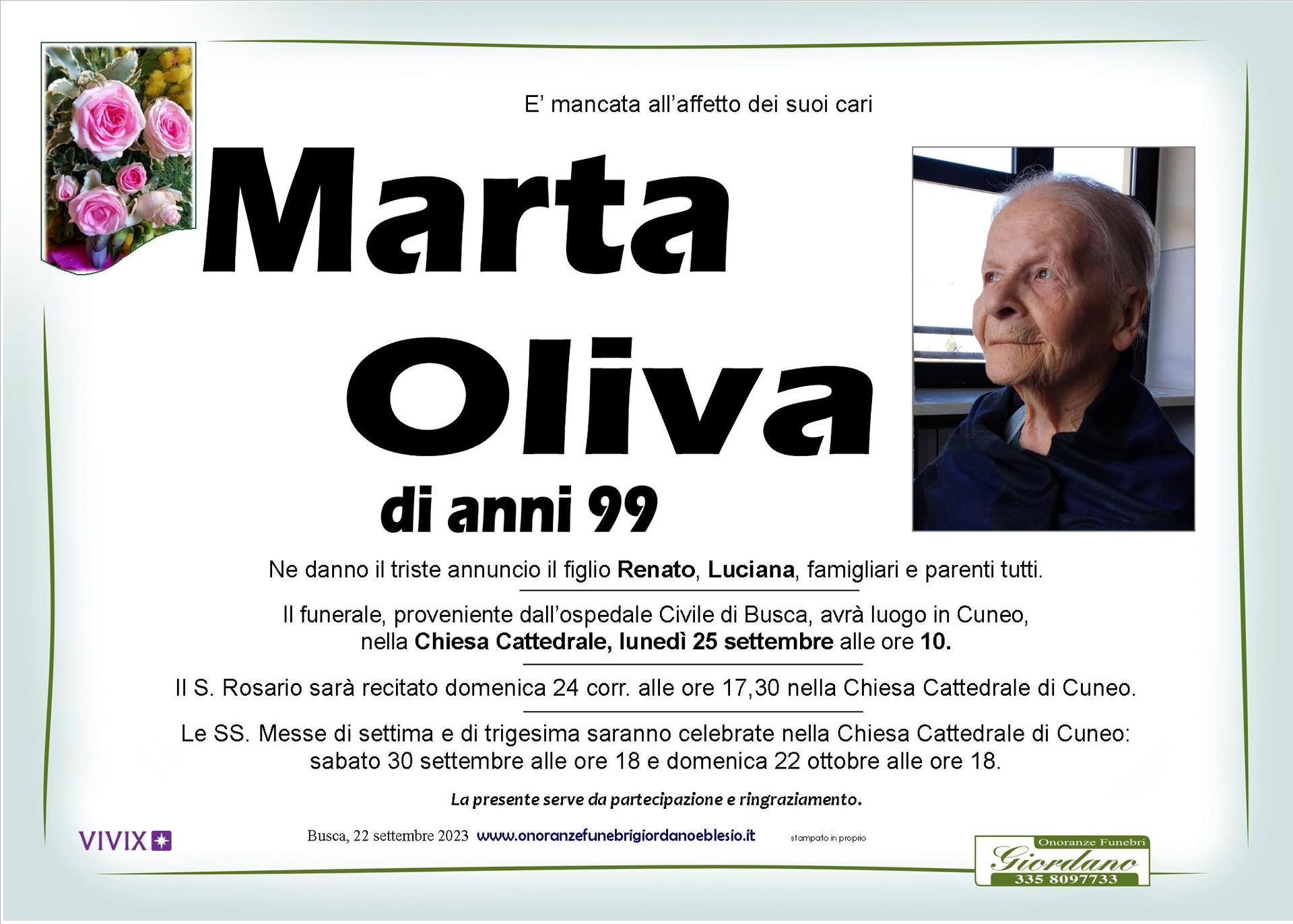 necrologio OLIVA Marta