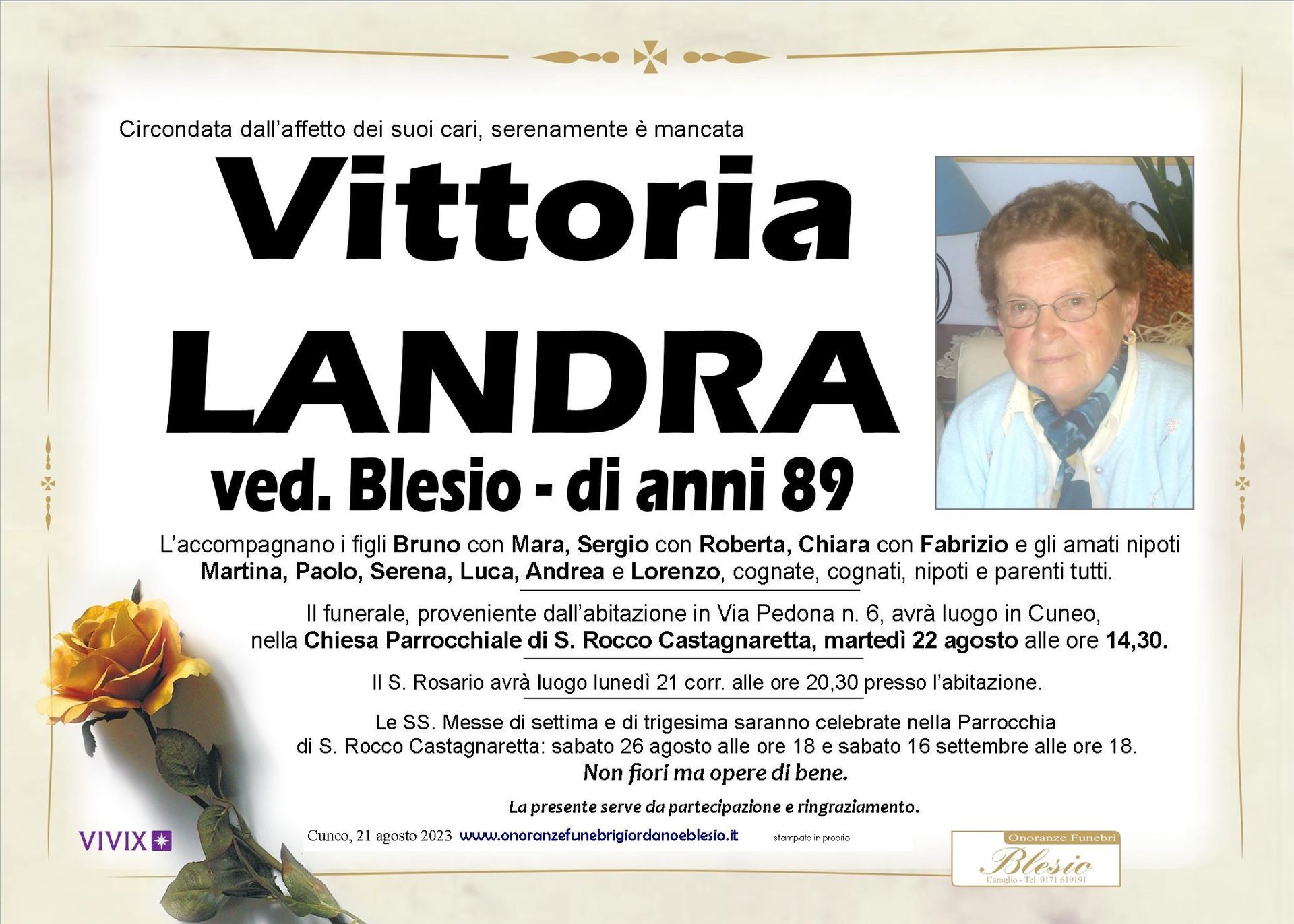necrologio LANDRA Vittoria ved. Blesio