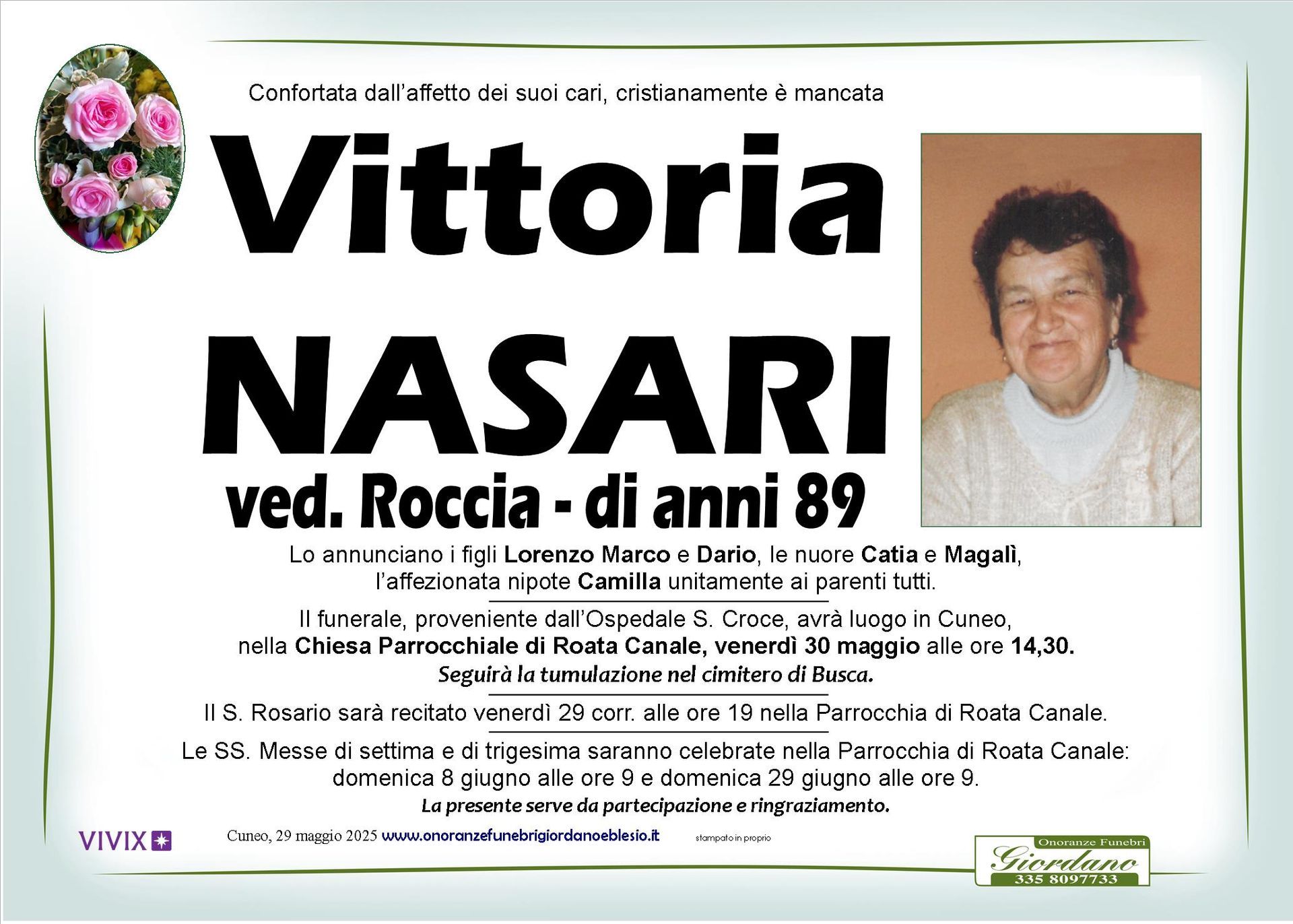 necrologio NASARI Vitoria ved. Roccia