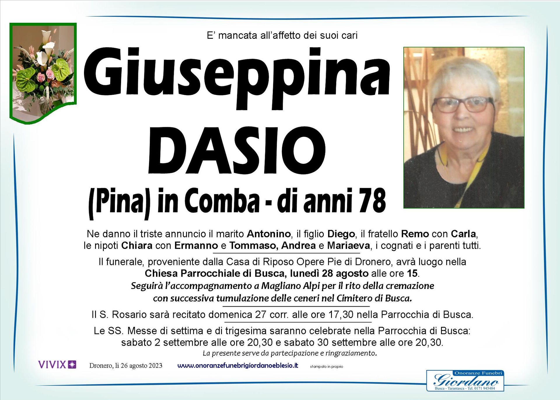 necrologio DASIO Giuseppina in Comba