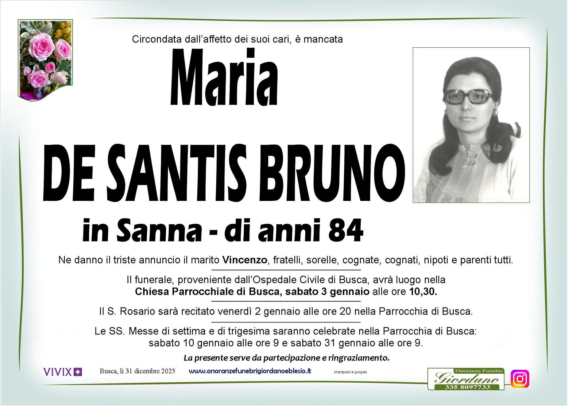 necrologio DE SANTIS BRUNO in Sanna