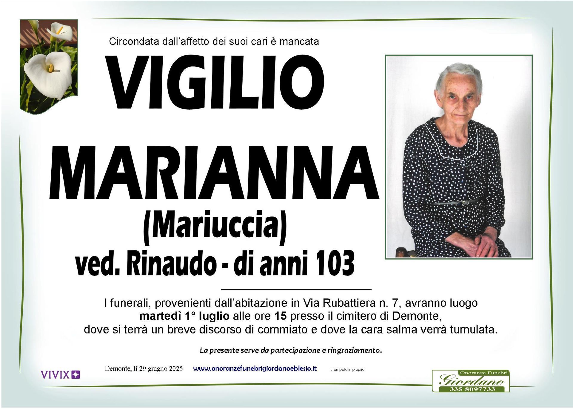 necrologio VIGILIO Marianna ved. Rinaudo