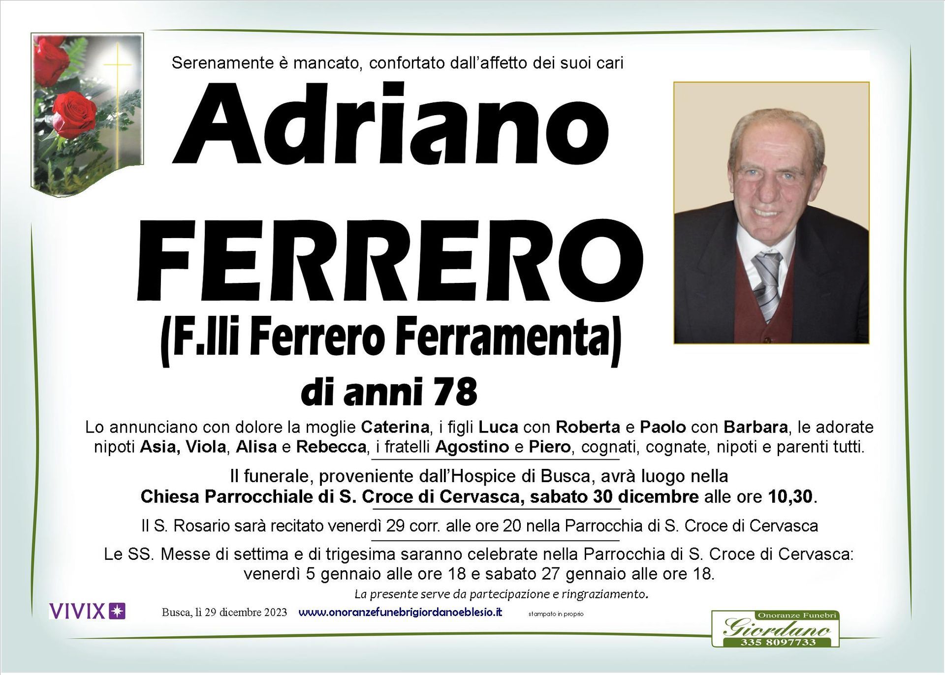 necrologio FERRERO Adriano