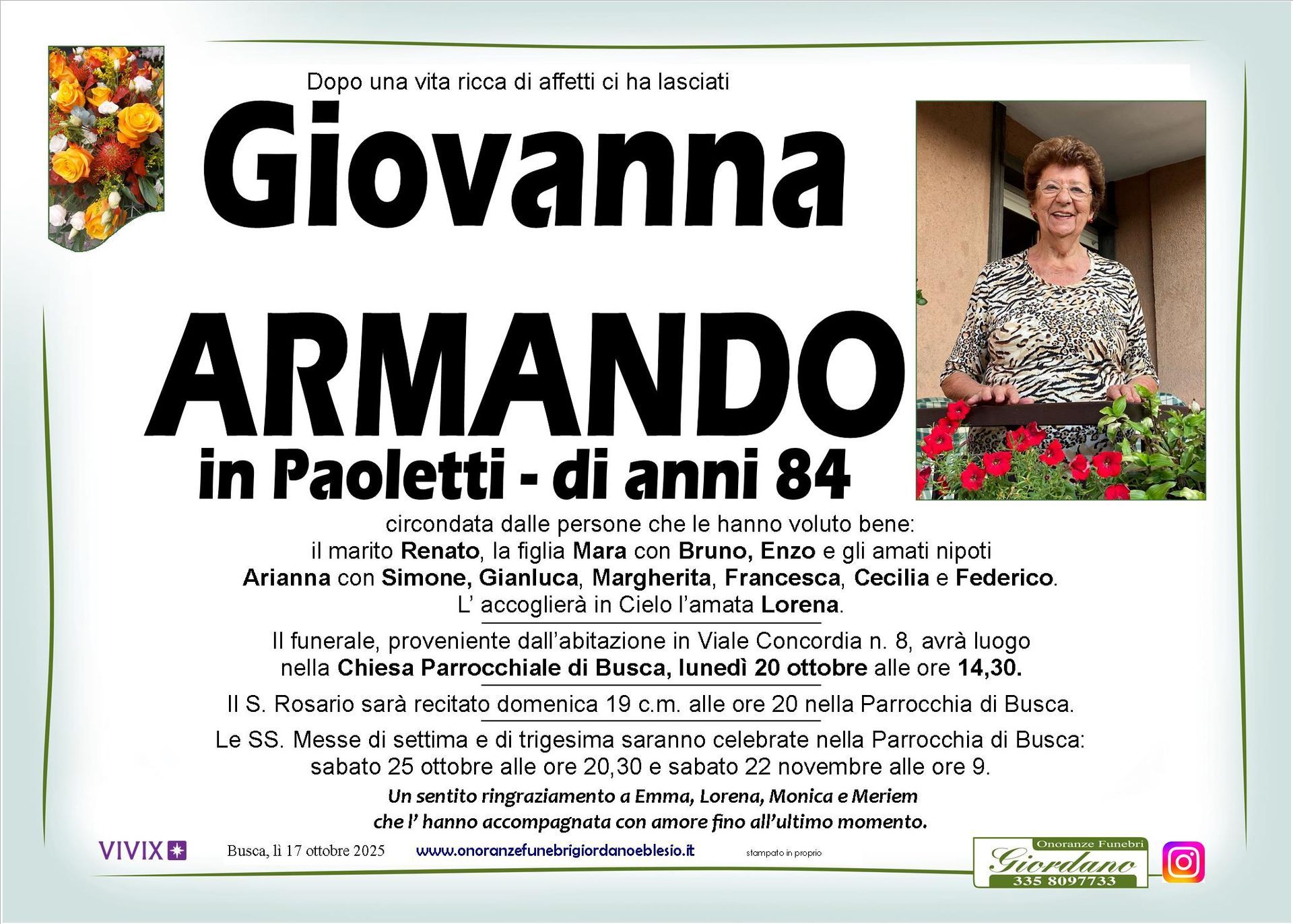 necrologio ARMANDO Giovanna in Paoletti