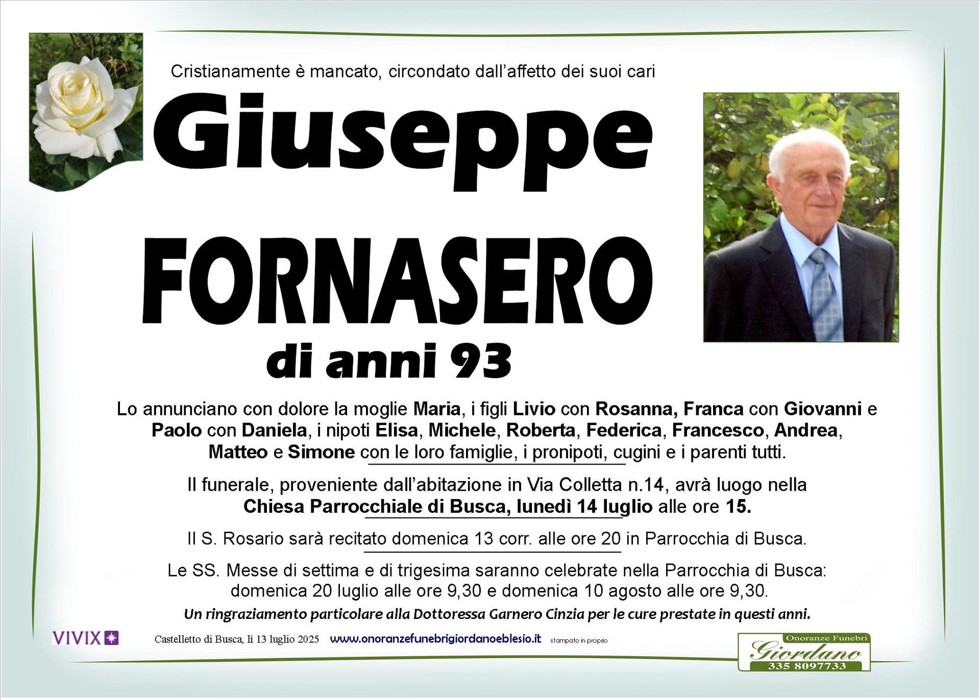 necrologio FORNASERO Giuseppe