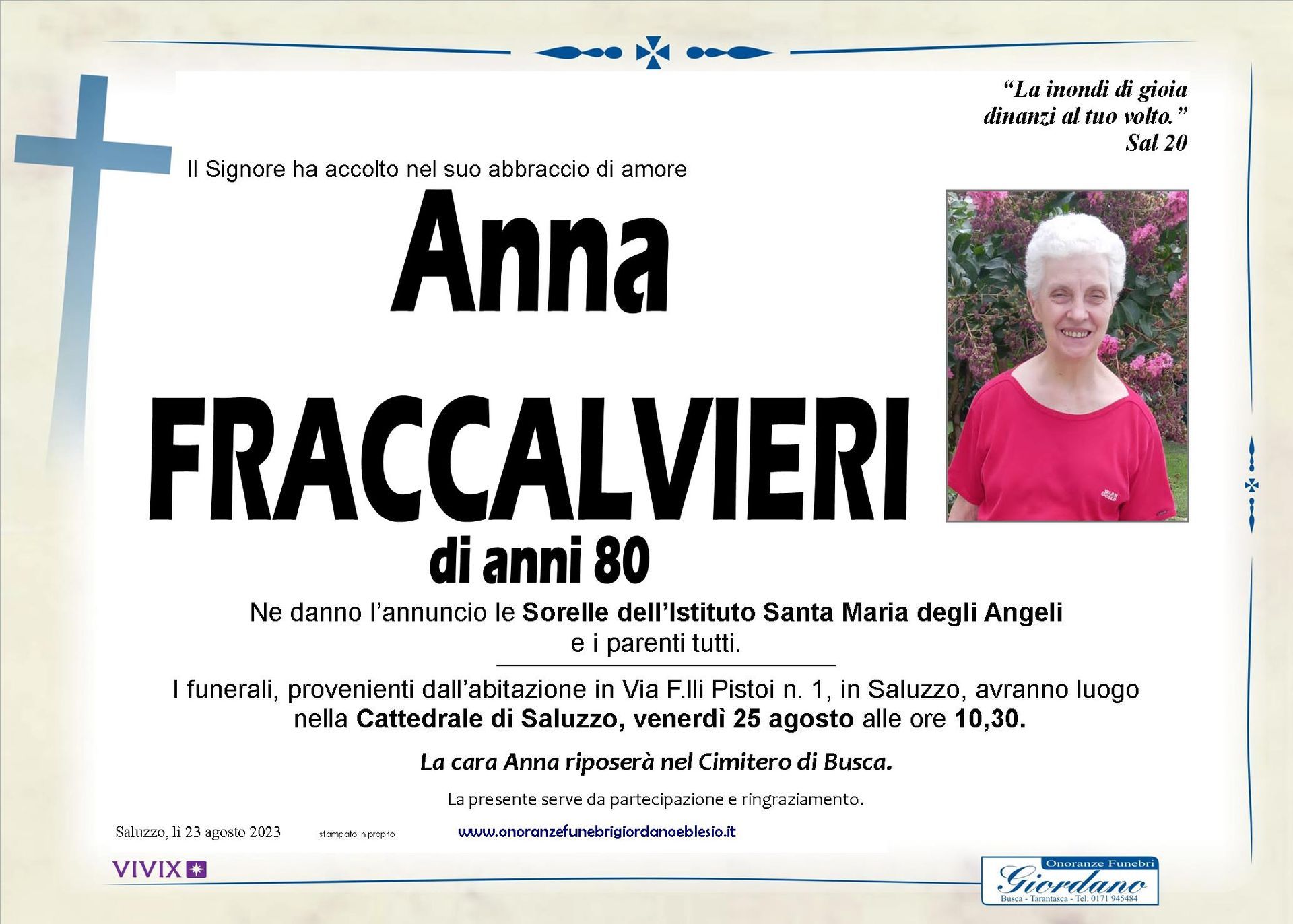 necrologio FRACCALVIERI Anna