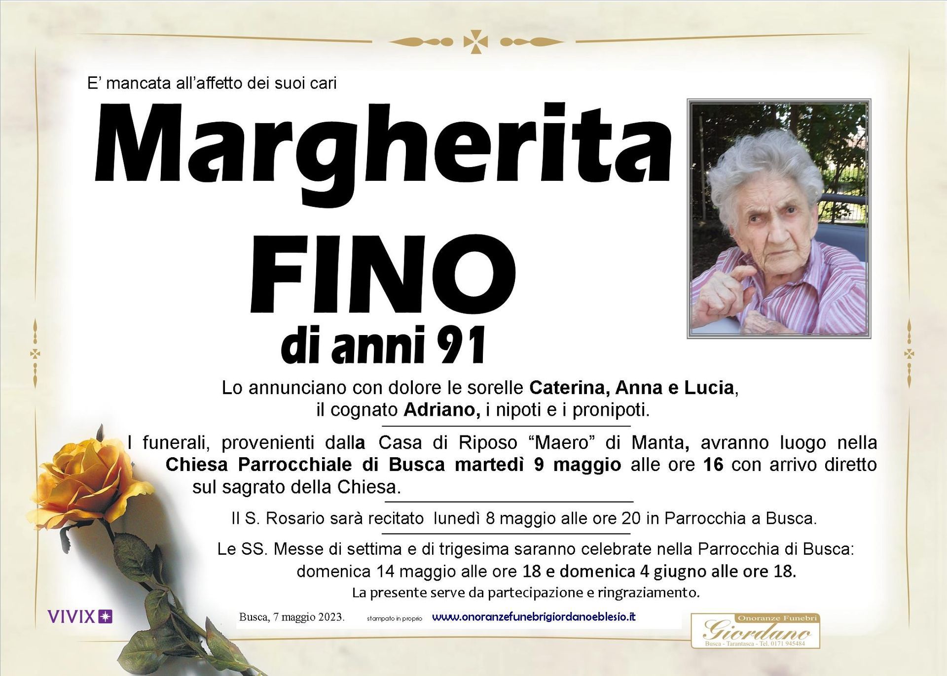 necrologio FINO Margherita