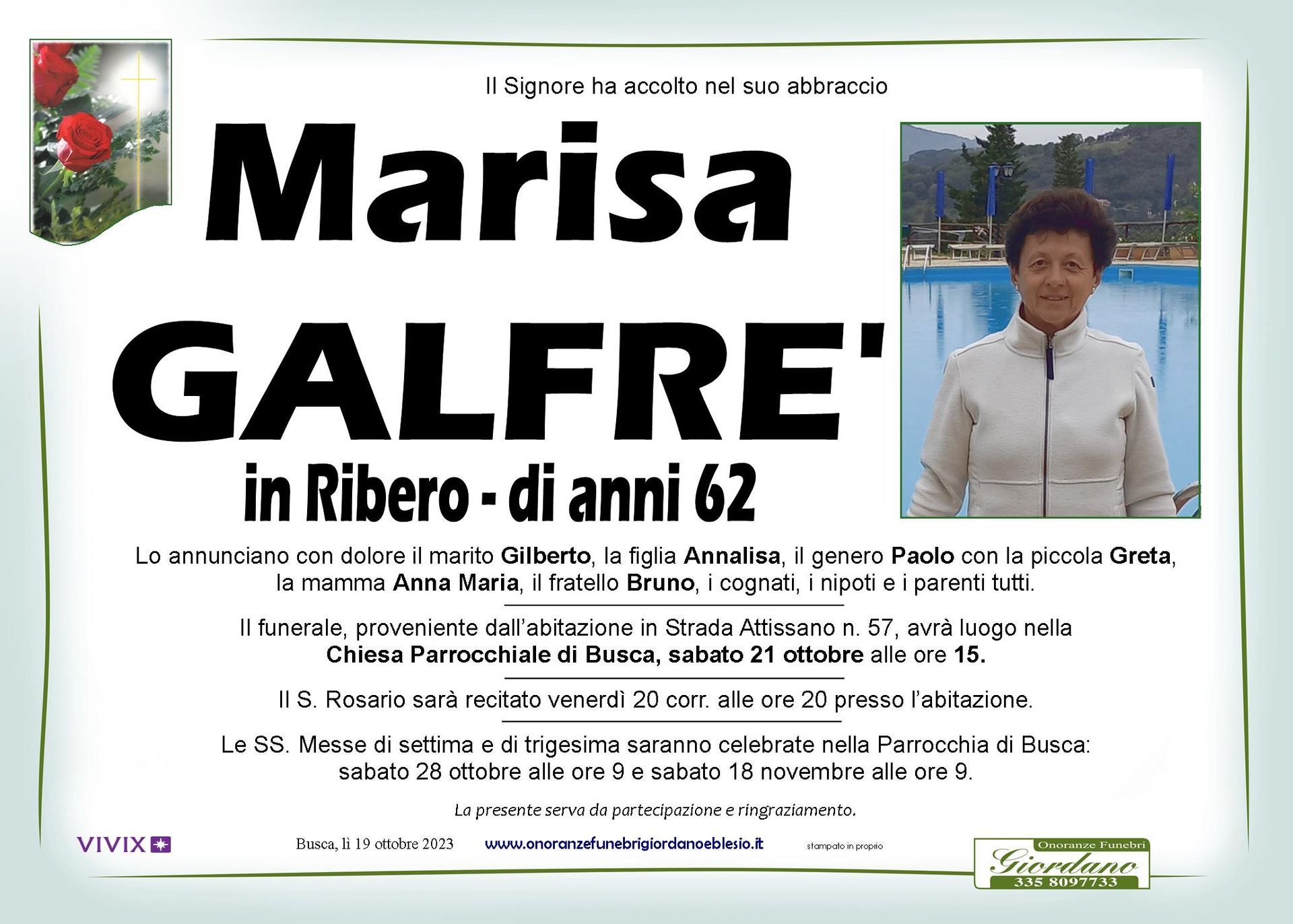 necrologio GALFRE' Marisa in Ribero
