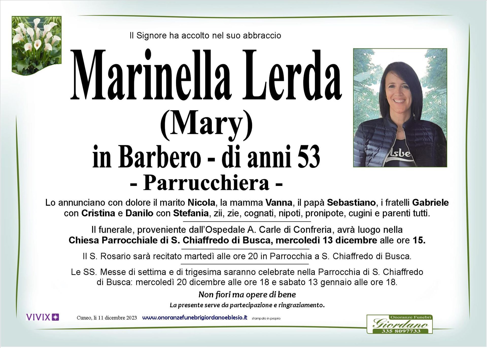 necrologio LERDA Marinella in Barbero
